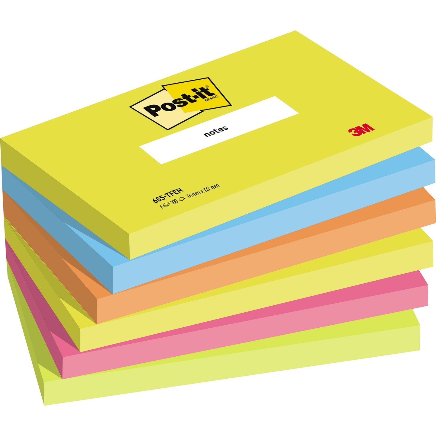 Post-it® Haftnotiz Notes Energetic Collection 127 x 76 mm (B x H) neongelb, paradiseblau, vitalorange, powerpink, neongrün 100 Bl./Block 6 Block/Pack.