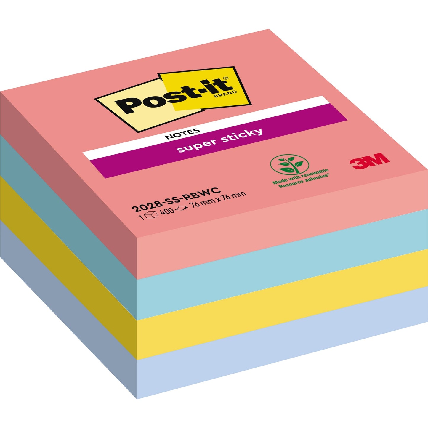 Post-it® Haftnotizwürfel Super Sticky Rainbow Collection 76 x 76 mm (B x H) guavapink, türkis, ultragelb, blau 440 Bl.