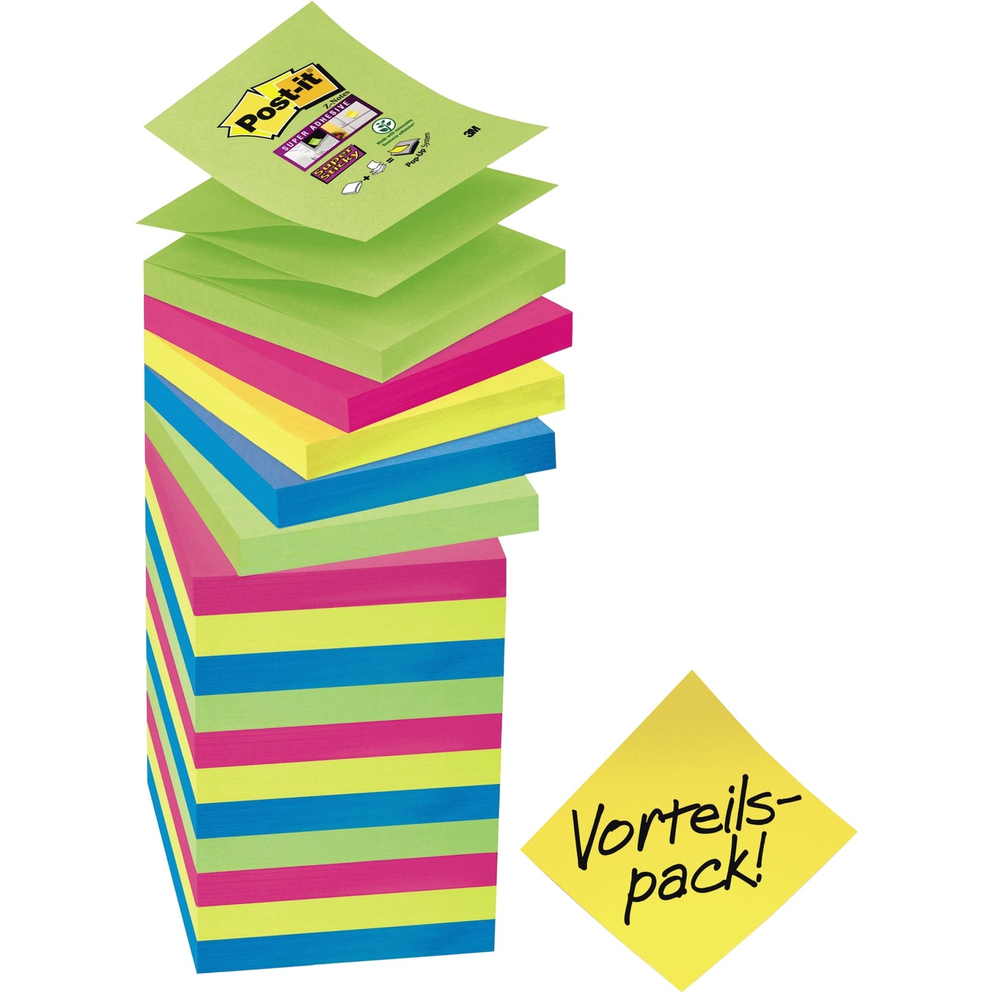 Post-it® Haftnotiz Super Sticky Z-Notes Promotion 76 x 76 mm (B x H) je 4 x immergrün, ultragelb, powerpink, paradiseblau 90 Bl./Block 16 Block/Pack.
