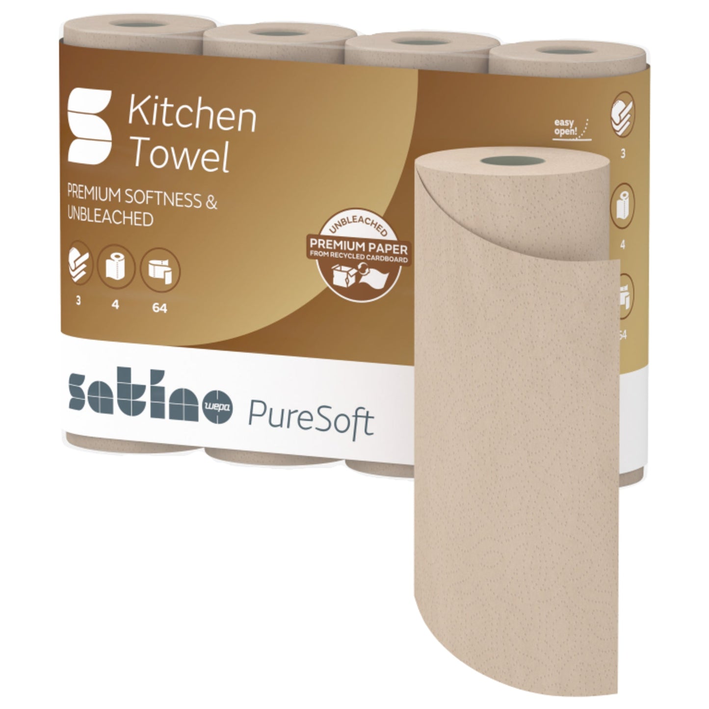 Satino by WEPA Küchenrolle PureSoft 3-lagig Papier, 100 % recycelte Wellpappe softbeige 4 Rl./Pack.