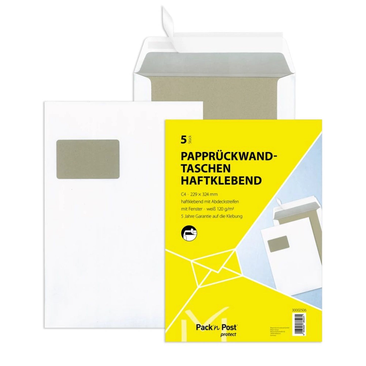 MAILmedia Papprückwandtasche DIN C4 mit Fenster 120g/m² mit Haftklebung Offsetpapier weiß 5 St./Pack.