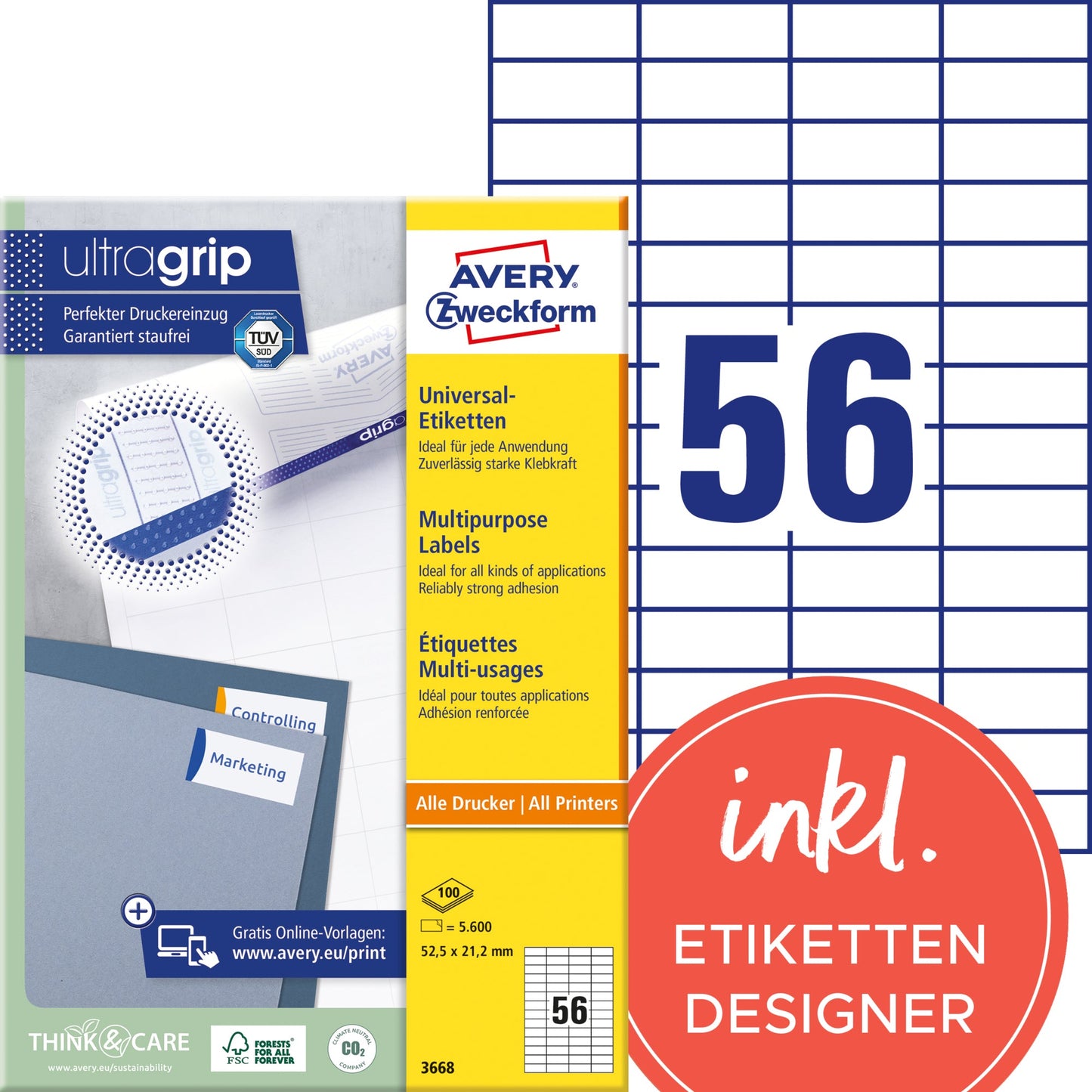 Avery Zweckform Universaletikett ultragrip 52,5 x 21,2 mm (B x H) nicht wieder ablösbar Papier weiß 5.600 Etik./Pack.