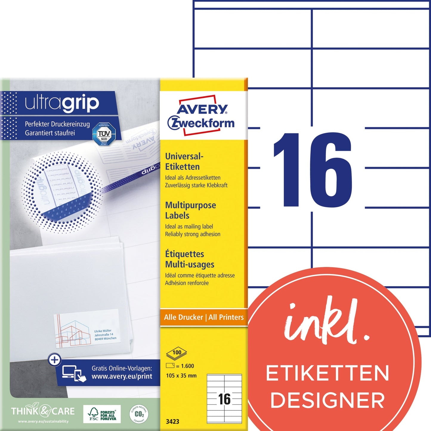 Avery Zweckform Universaletikett ultragrip 105 x 35 mm (B x H) nicht wieder ablösbar Papier weiß 1.600 Etik./Pack.