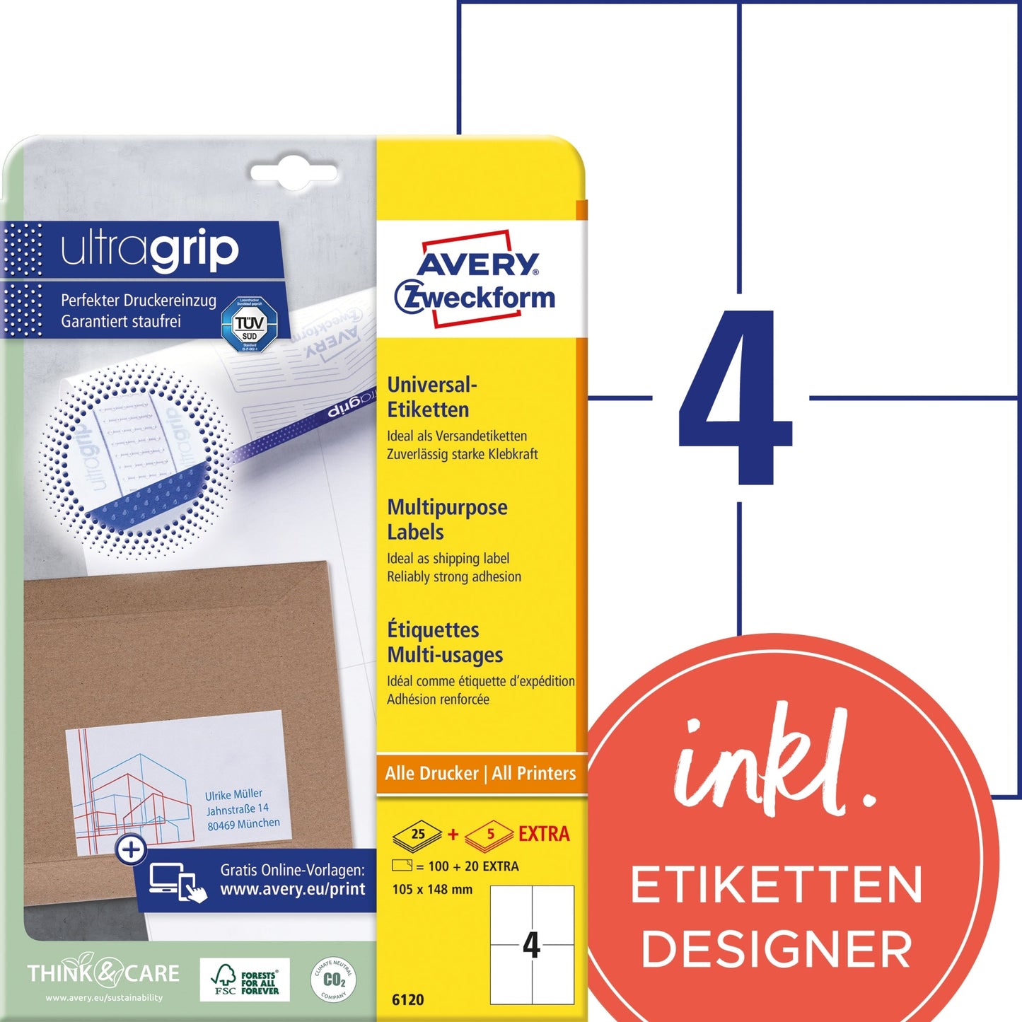 Avery Zweckform Universaletikett ultragrip 105 x 148 mm (B x H) nicht wieder ablösbar Papier weiß 120 Etik./Pack.
