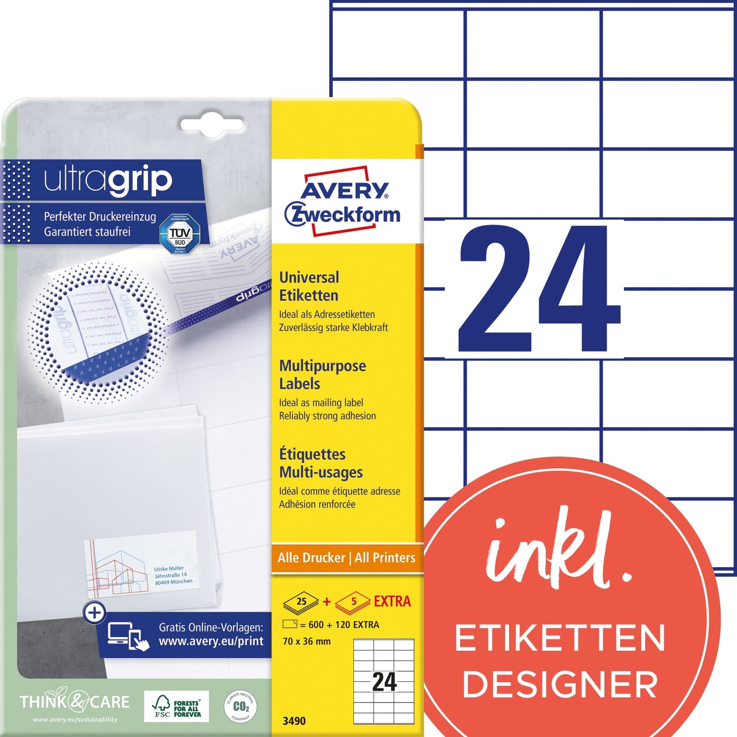 Avery Zweckform Universaletikett ultragrip 70 x 36 mm (B x H) nicht wieder ablösbar Papier weiß 720 Etik./Pack.