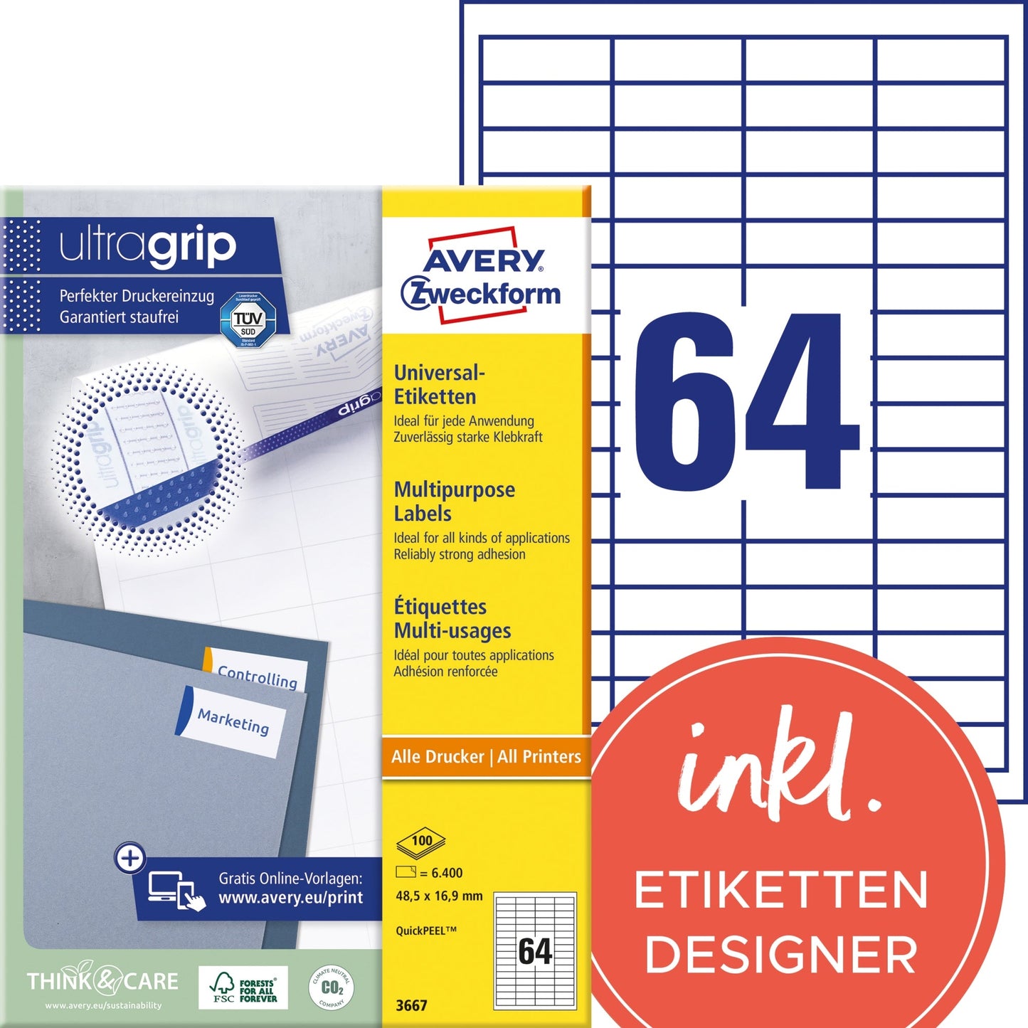 Avery Zweckform Universaletikett ultragrip 48,5 x 16,9 mm (B x H) nicht wieder ablösbar Papier weiß 6.400 Etik./Pack.