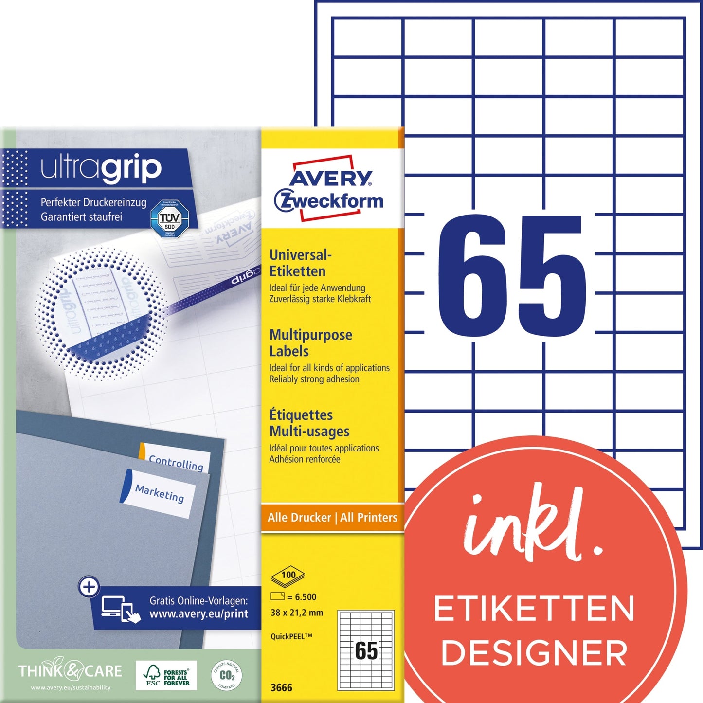Avery Zweckform Universaletikett ultragrip 38 x 21,2 mm (B x H) nicht wieder ablösbar Papier weiß 6.500 Etik./Pack.