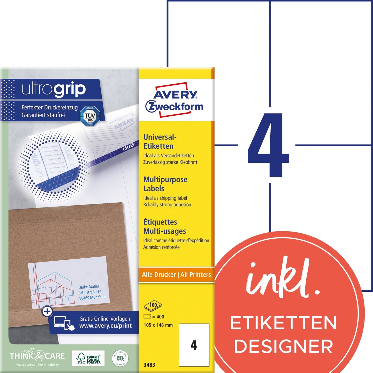 Avery Zweckform Universaletikett ultragrip 105 x 148 mm (B x H) nicht wieder ablösbar Papier weiß 400 Etik./Pack.