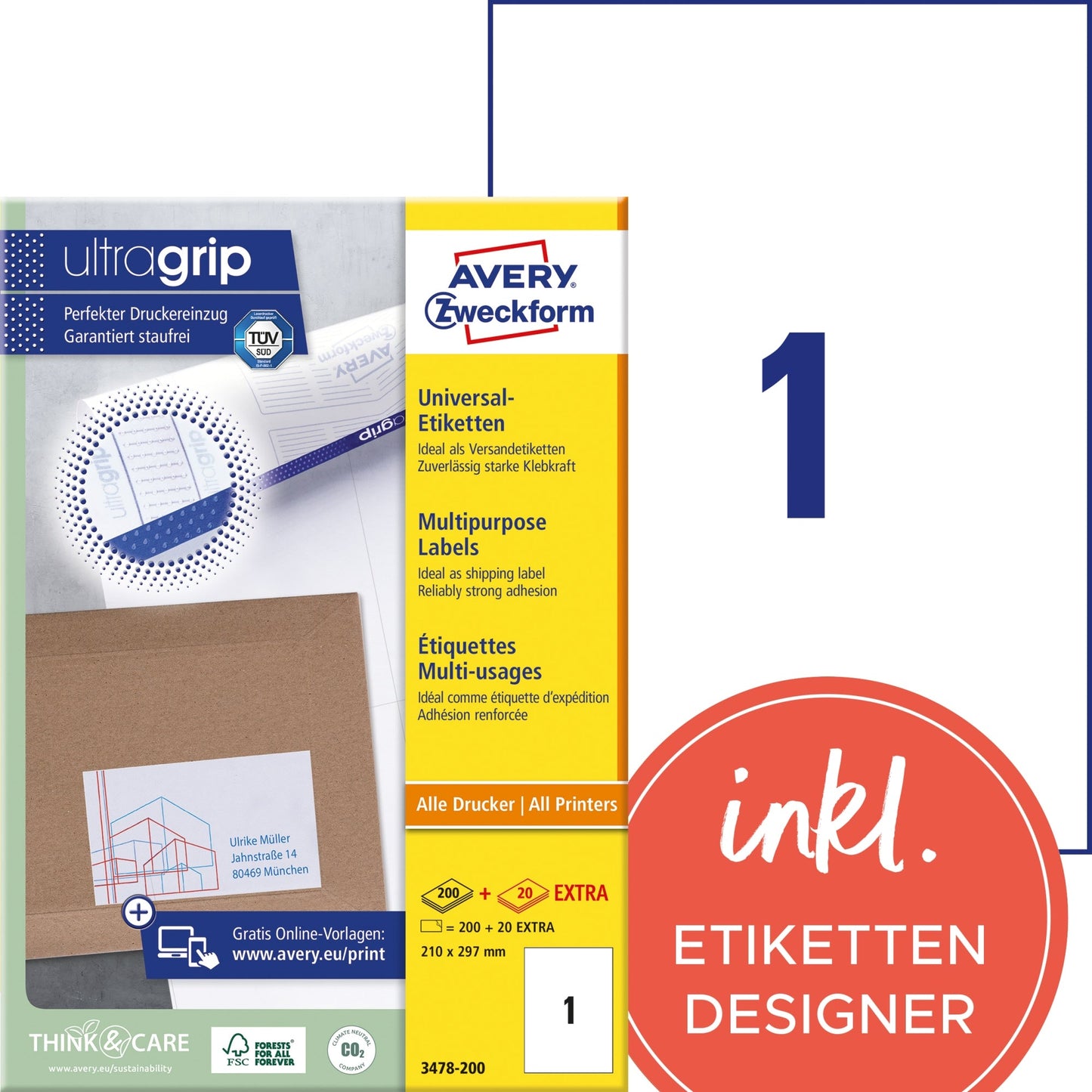 Avery Zweckform Universaletikett ultragrip 210 x 297 mm (B x H) nicht wieder ablösbar Papier weiß 220 Etik./Pack.