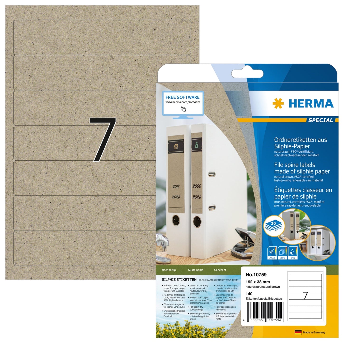 HERMA Ordnerrückenetikett SPECIAL schmal/kurz 38 x 192 mm (B x H) selbstklebend ohne Griffloch naturbraun 140 Etik./Pack.