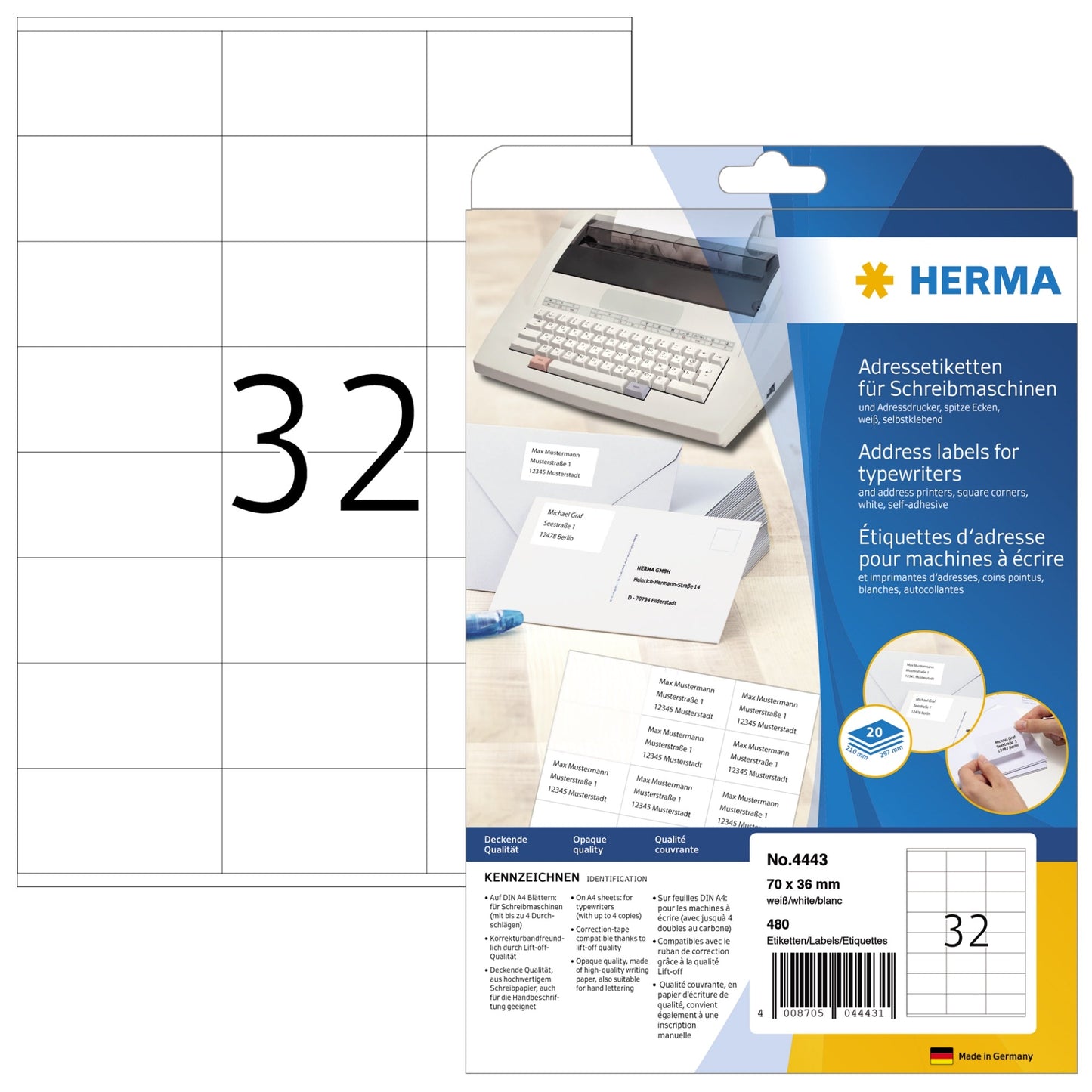 HERMA Adressetikett 70 x 36 mm (B x H) Papier weiß 480 Etik./Pack.
