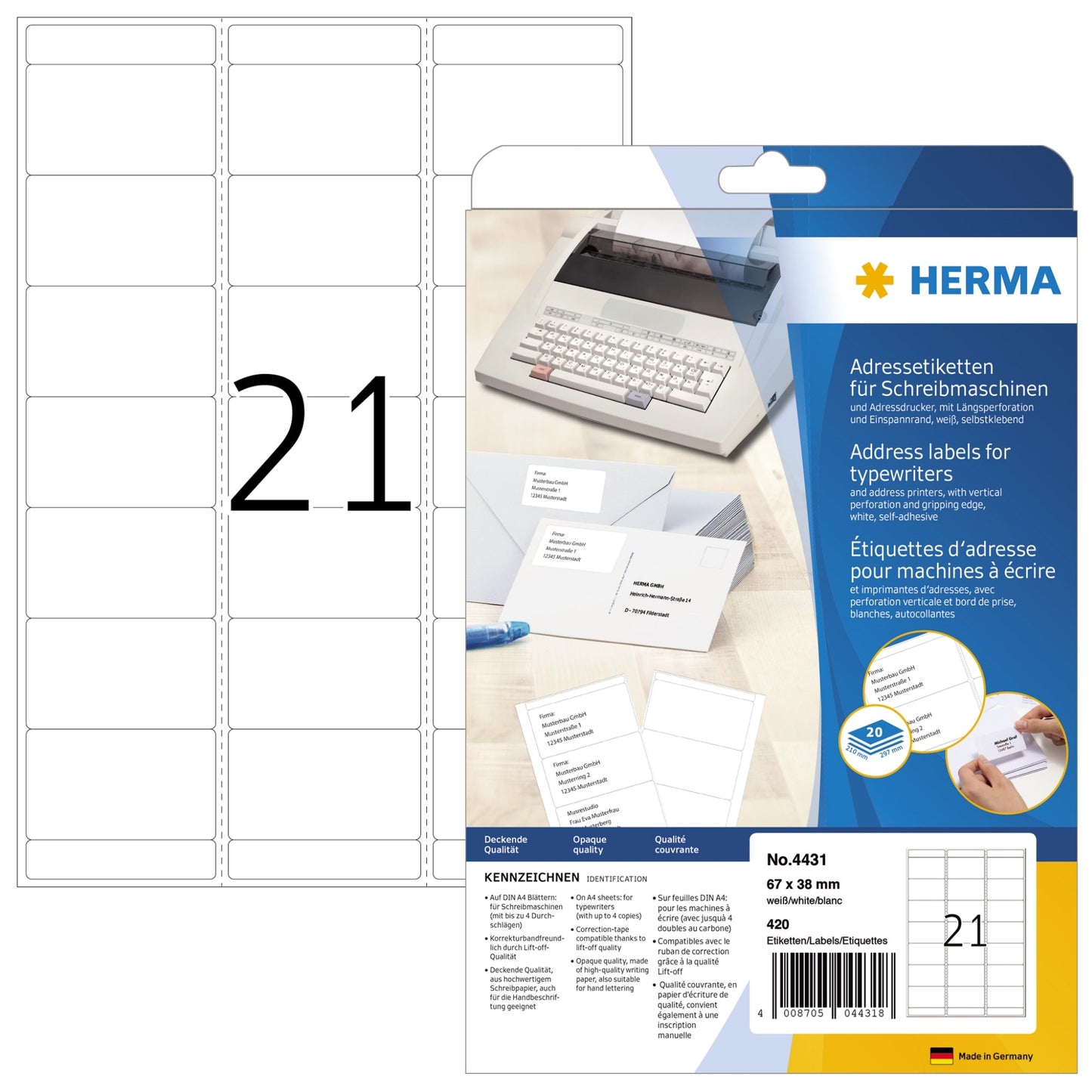 HERMA Adressetikett 67 x 38 mm (B x H) Papier weiß 420 Etik./Pack.