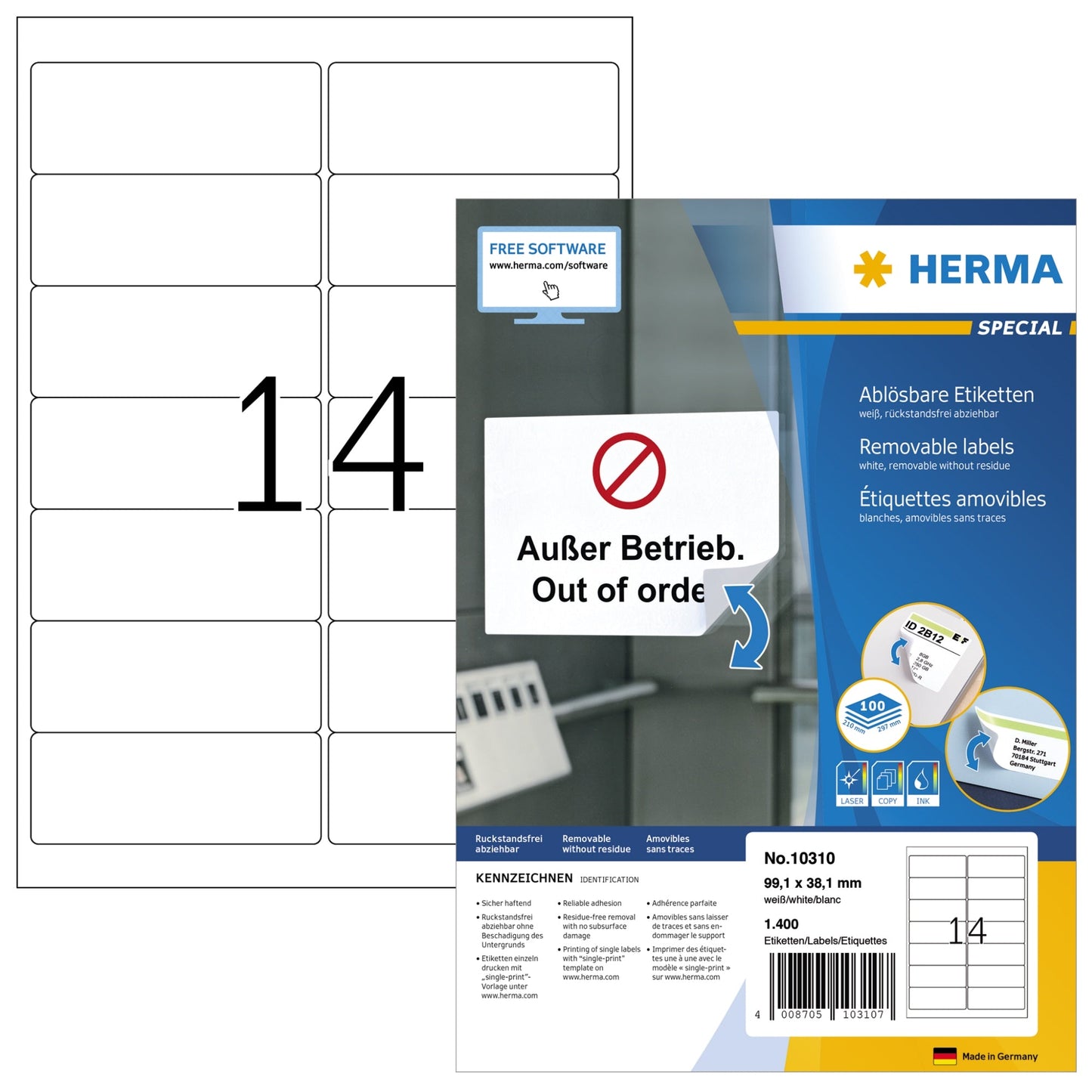 HERMA Adressetikett 99,1 x 42,3 mm (B x H) Papier weiß 1.400 Etik./Pack.
