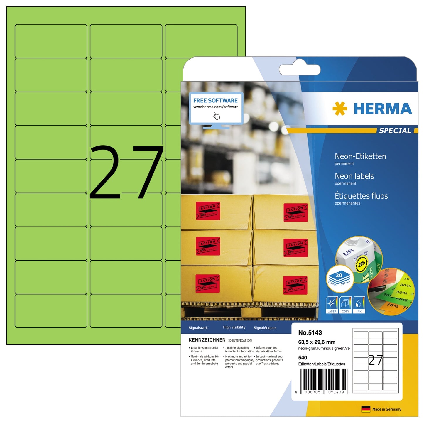 HERMA Neonetikett 63,5 x 29,6 mm (B x H) nicht wieder ablösbar neongrün 540 Etik./Pack.