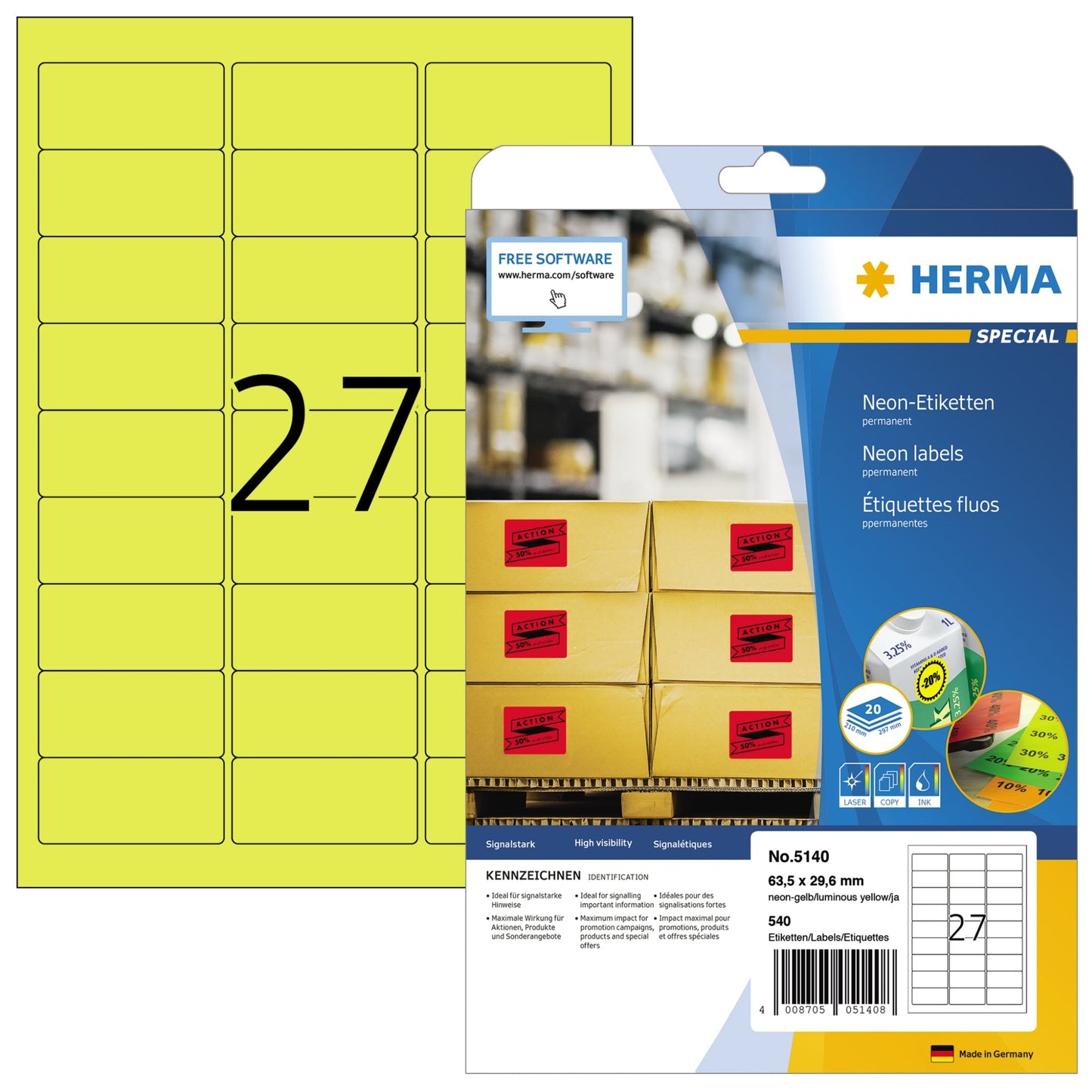 HERMA Neonetikett 63,5 x 29,6 mm (B x H) nicht wieder ablösbar neongelb 540 Etik./Pack.