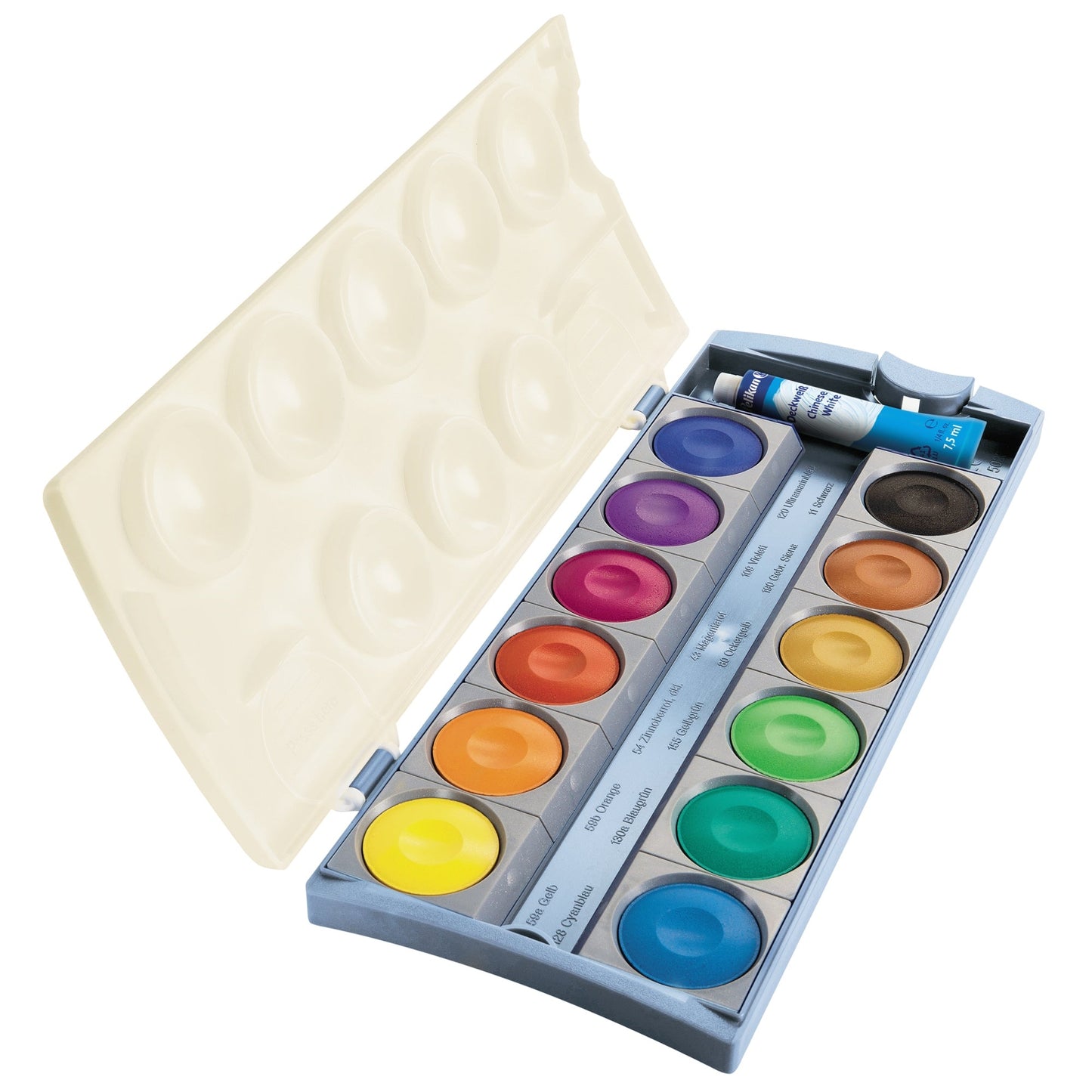 Pelikan Farbkasten K12® eco 12 Farben schwarz, magentarot, zinnoberrot, gelb, orange, ockergelb, violett, ultramarinblau, cyanblau, blaugrün, gelbgrün, gebrannt siena Kunststoff, 95 % recycelt