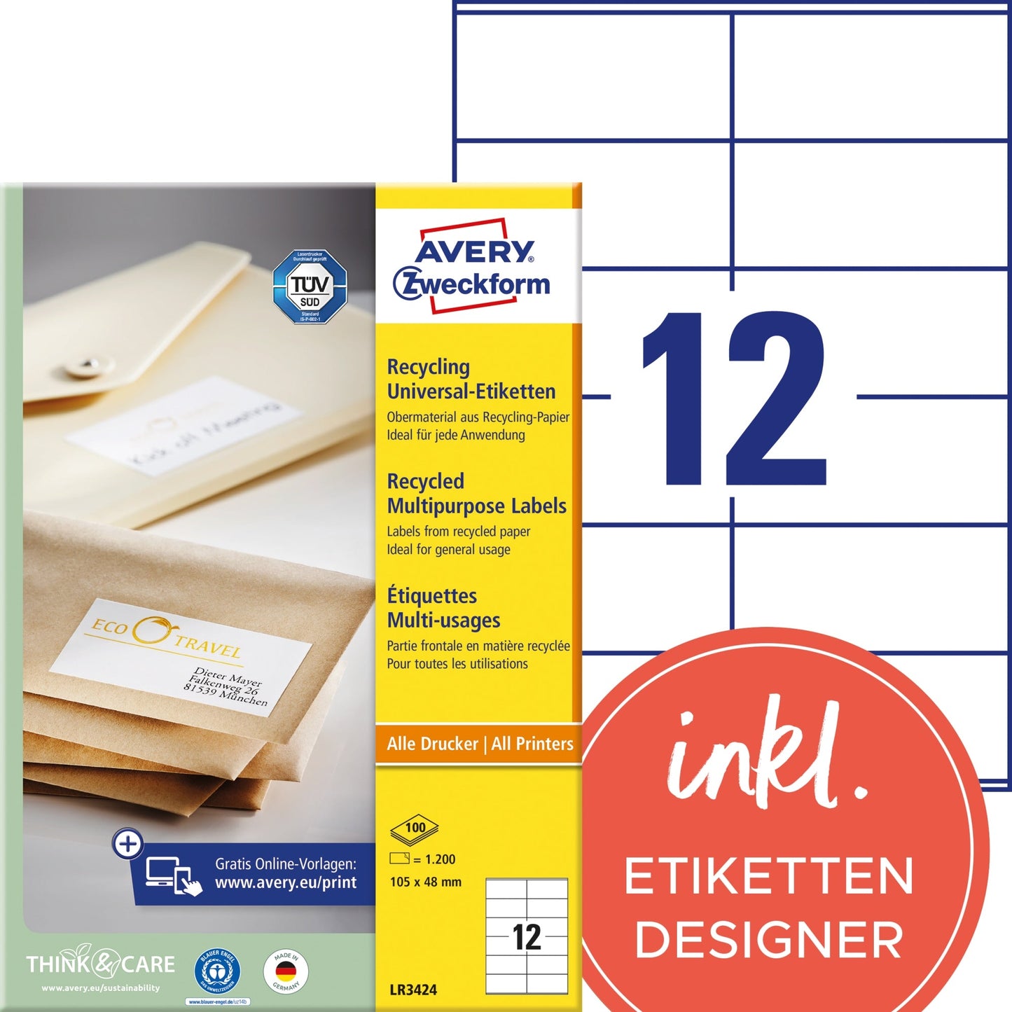 Avery Zweckform Universaletikett Recycling 105 x 48 mm (B x H) nicht wieder ablösbar 100 % Altpapier naturweiß 1.200 Etik./Pack.