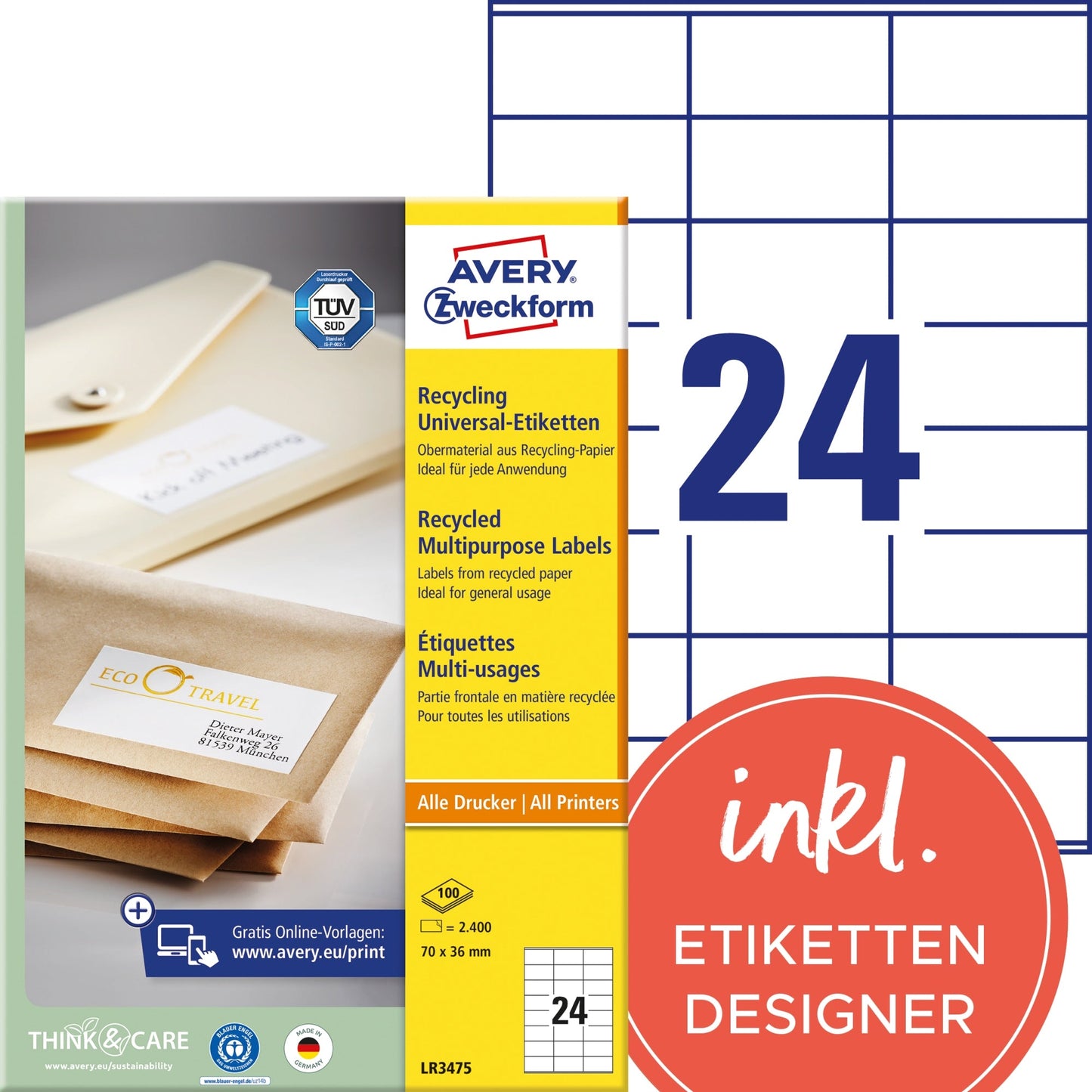 Avery Zweckform Universaletikett Recycling 70 x 36 mm (B x H) nicht wieder ablösbar 100 % Altpapier naturweiß 2.400 Etik./Pack.