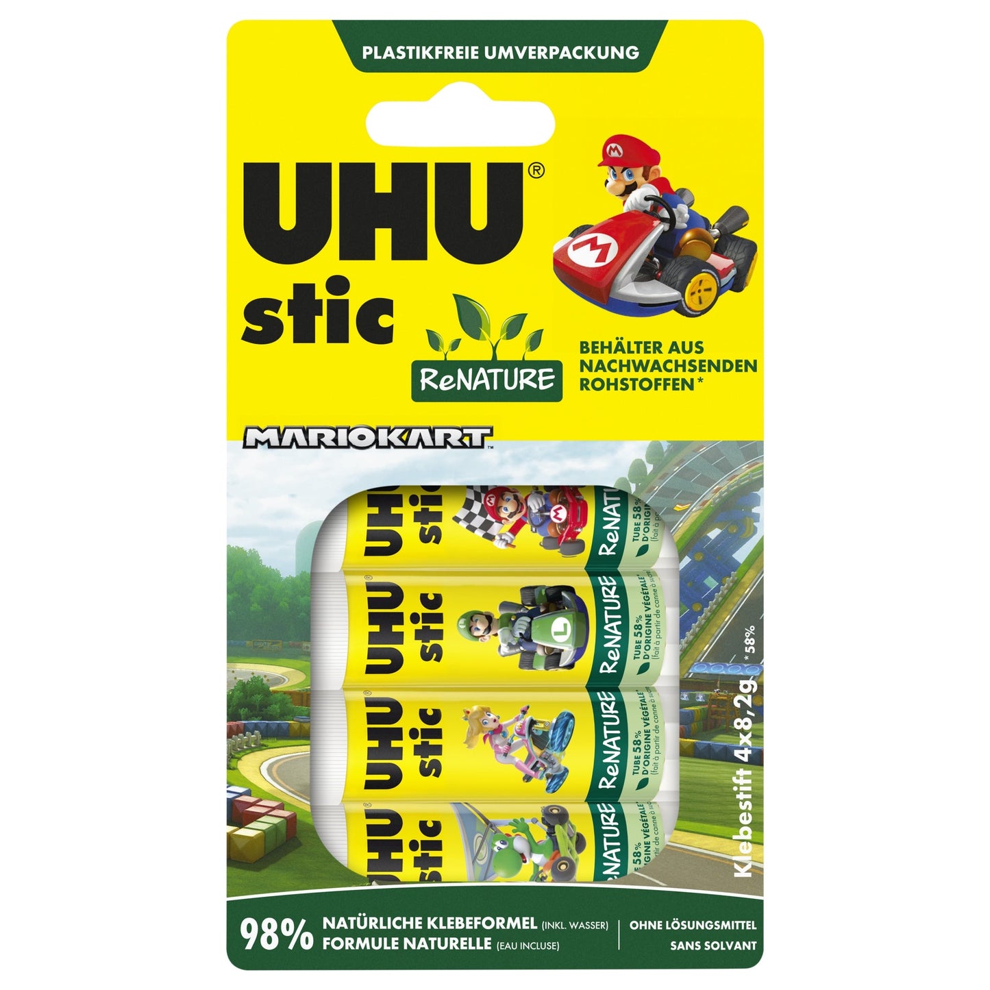 UHU® Klebestift stic ReNATURE Mariokart nicht nachfüllbar 4 x 8,2 g/Pack.