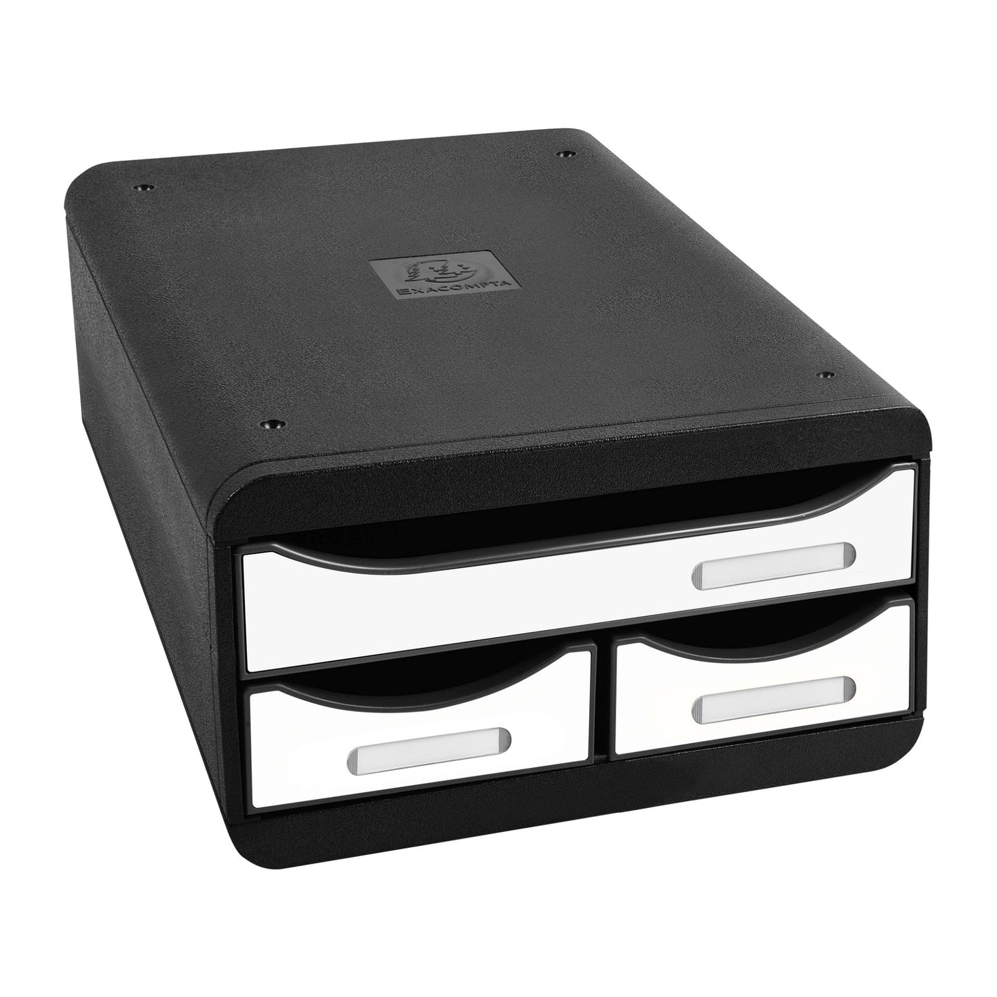 Exacompta Schubladenbox SMALL-BOX Mini 3 Schubladen DIN A4, Überbreite Polystyrol Gehäusefarbe: schwarz Farbe der Schublade: weiß glossy