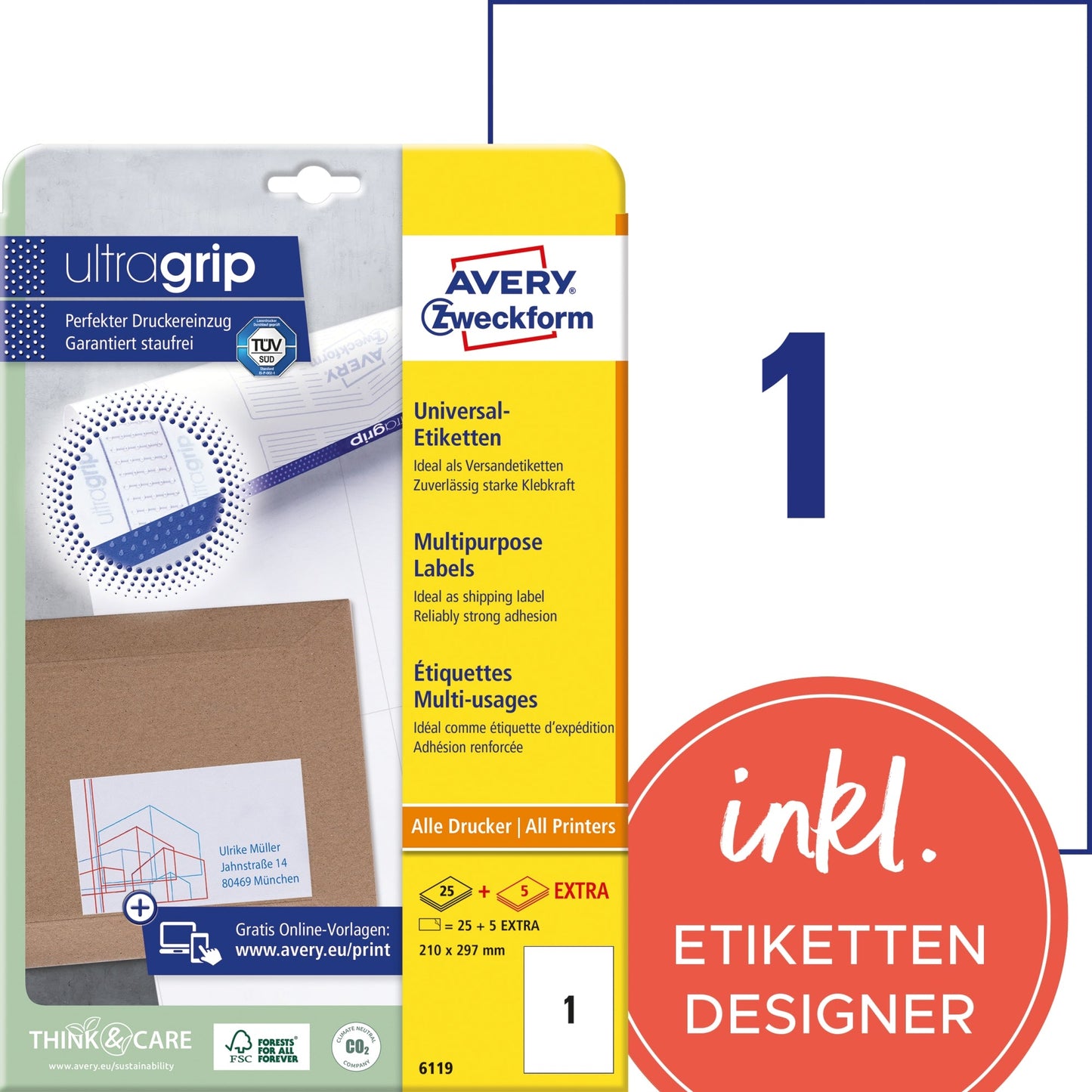 Avery Zweckform Universaletikett ultragrip 210 x 297 mm (B x H) nicht wieder ablösbar Papier weiß 30 Etik./Pack.