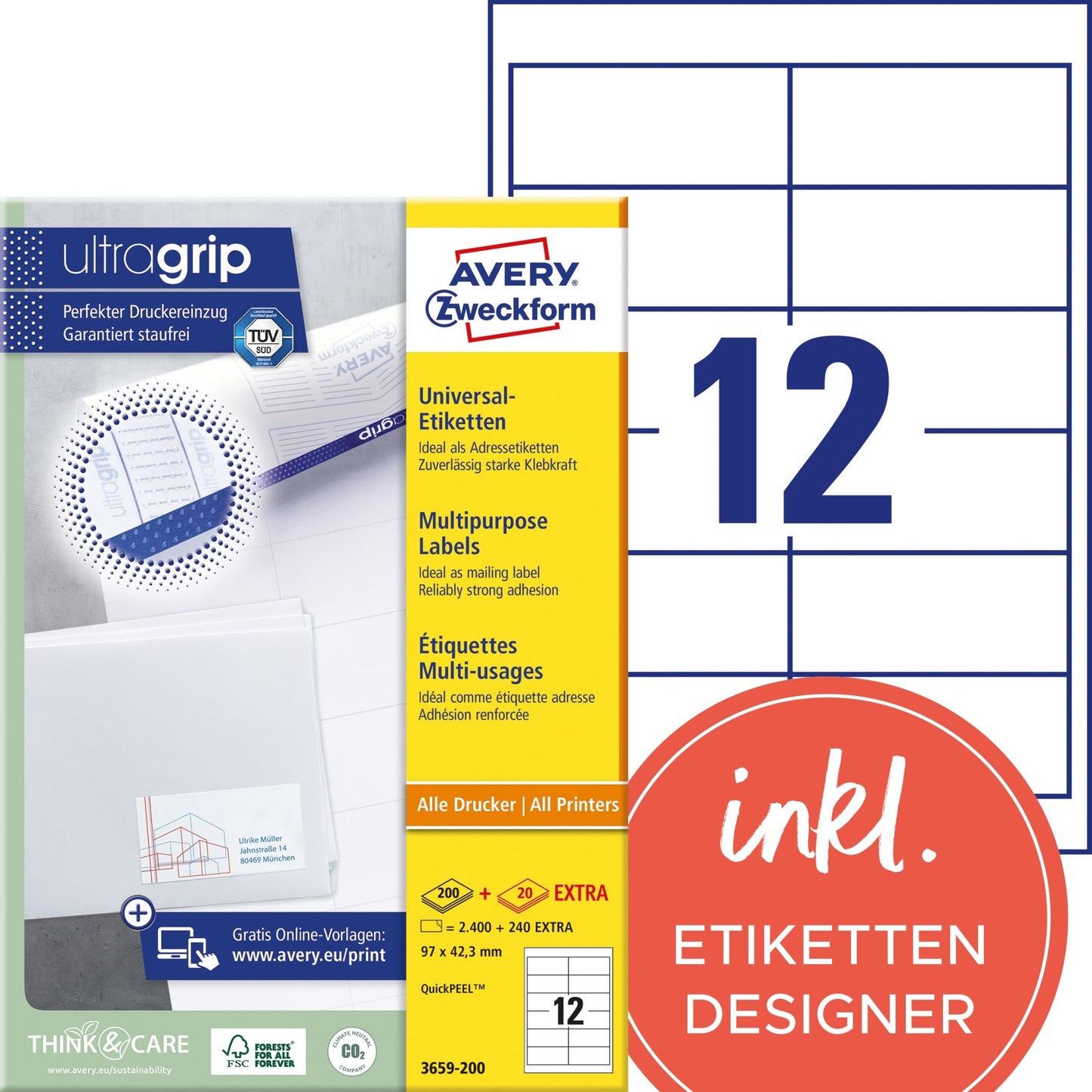 Avery Zweckform Universaletikett ultragrip 97 x 42,3 mm (B x H) nicht wieder ablösbar Papier weiß 2.640 Etik./Pack.
