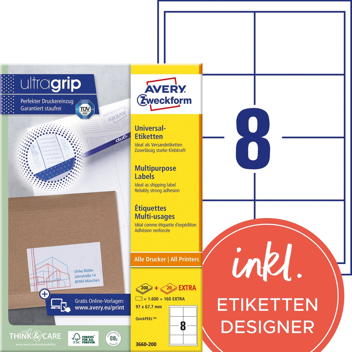 Avery Zweckform Universaletikett ultragrip 97 x 67,7 mm (B x H) nicht wieder ablösbar Papier weiß 1.760 Etik./Pack.