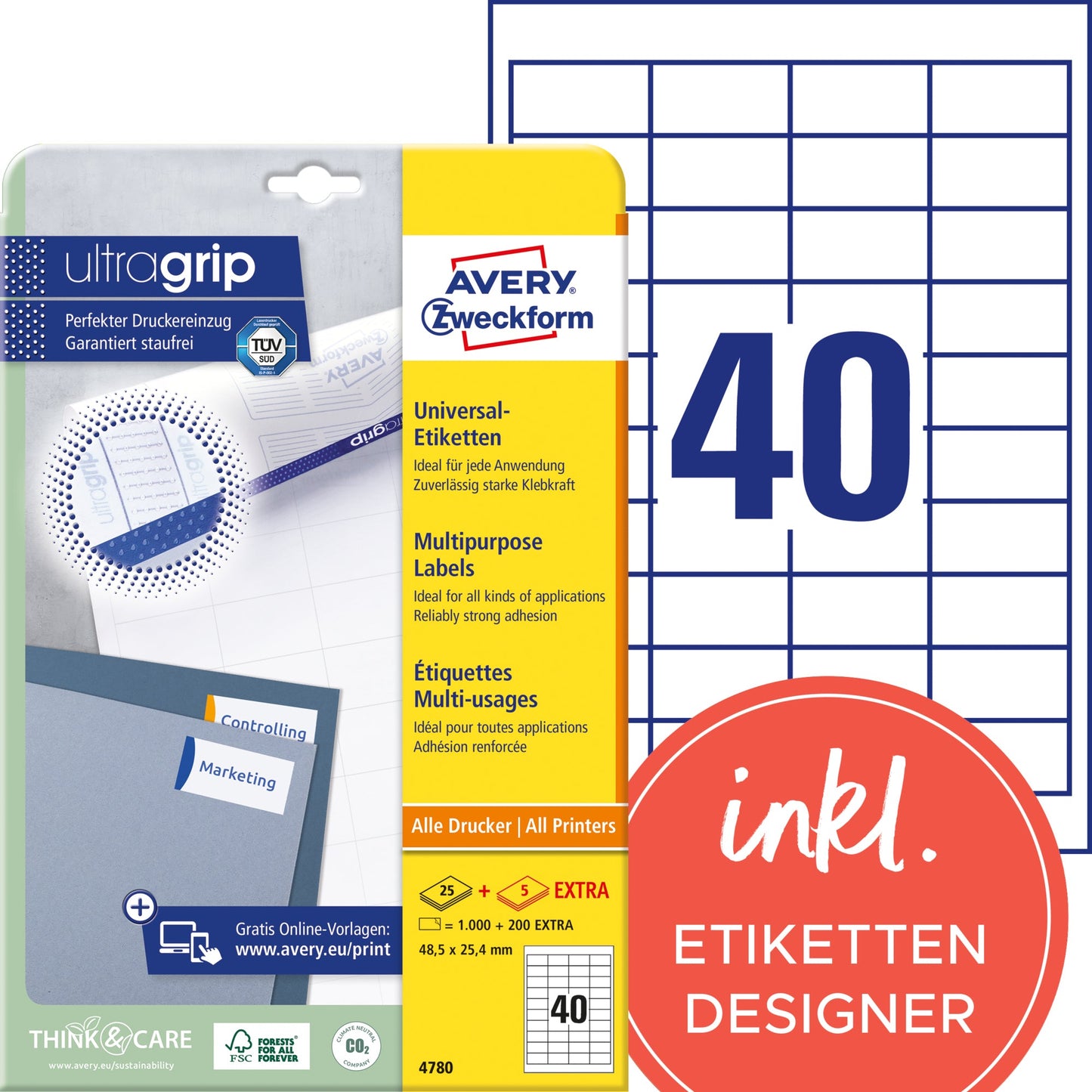 Avery Zweckform Universaletikett ultragrip 48,5 x 25,4 mm (B x H) nicht wieder ablösbar Papier weiß 1.200 Etik./Pack.