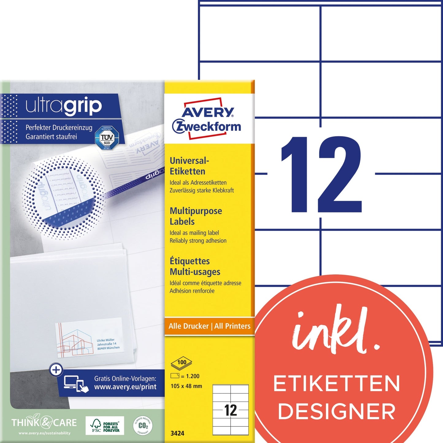 Avery Zweckform Universaletikett ultragrip 105 x 48 mm (B x H) nicht wieder ablösbar Papier weiß 1.200 Etik./Pack.
