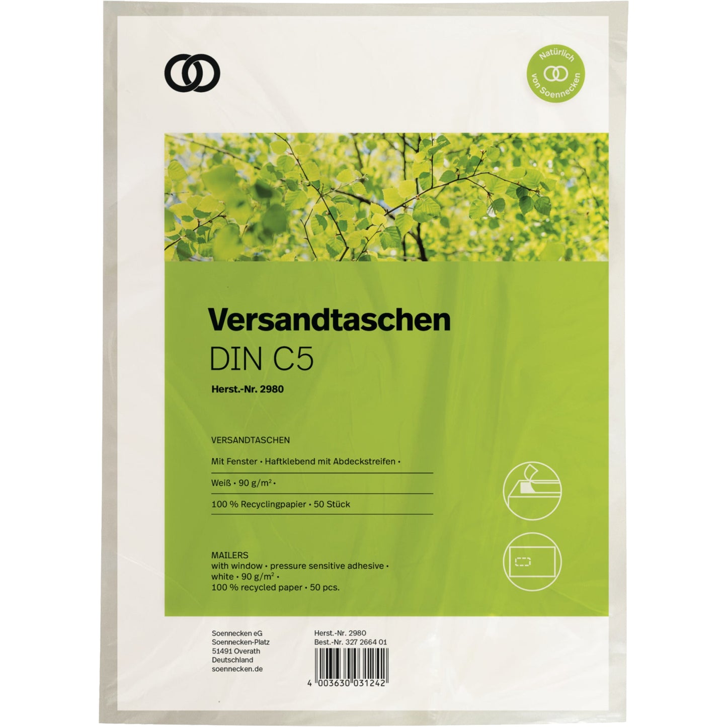 Soennecken Versandtasche oeco DIN C5 162 x 229 mm (B x H) mit Haftklebung mit Fenster 90g/m² weiß 50 St./Pack.