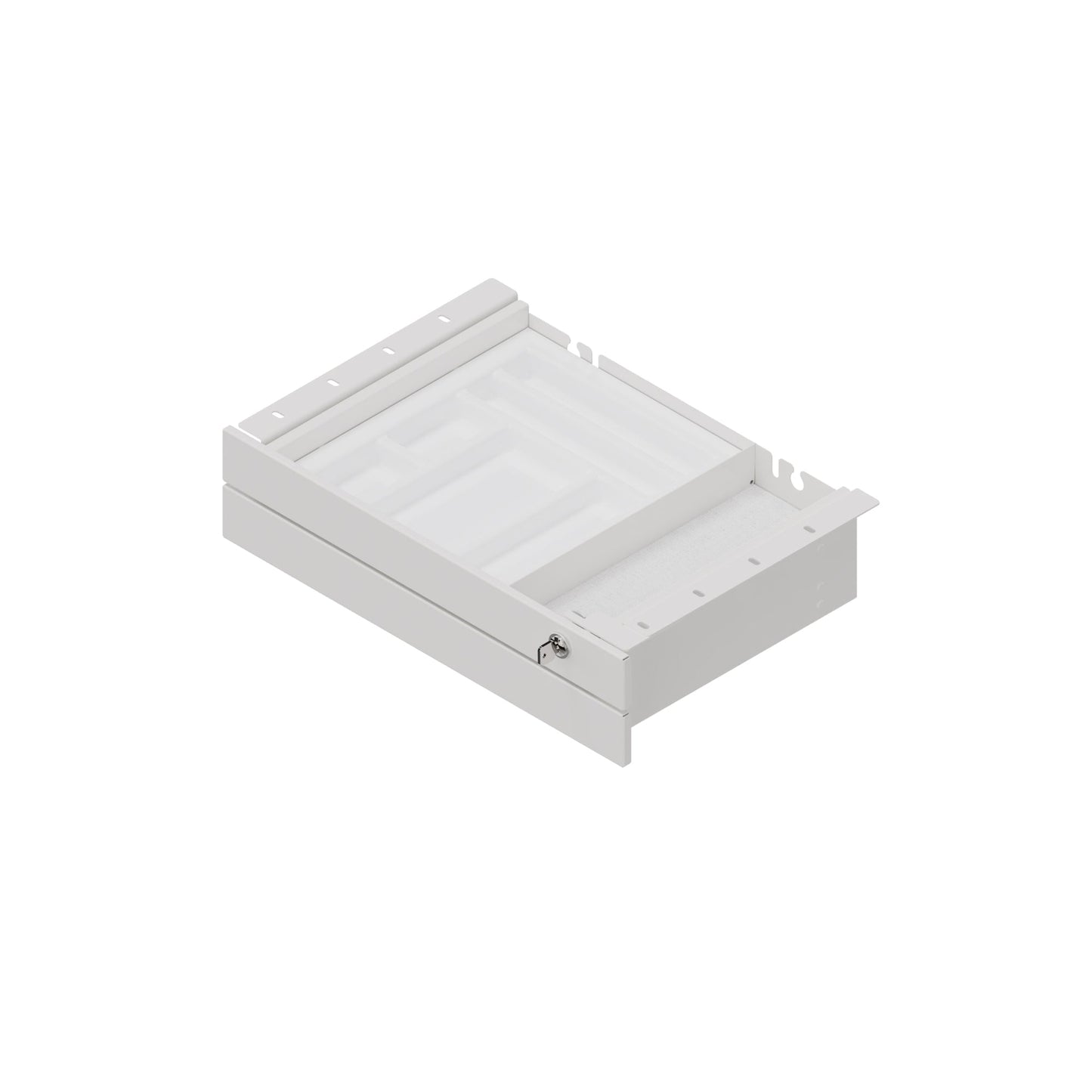 Hammerbacher Unterbauschublade Schreibtische VXMKA/VXDKB Innenmaße: 354 x 50 x 293 mm (B x H x T) Außenmaße: 464 x 11,6 x 272 mm (B x H x T) inkl. Utensilienschale (300 x 260 mm), Antirutschmatte (weiß), Trennsteg Werkstoff der Front: Metall