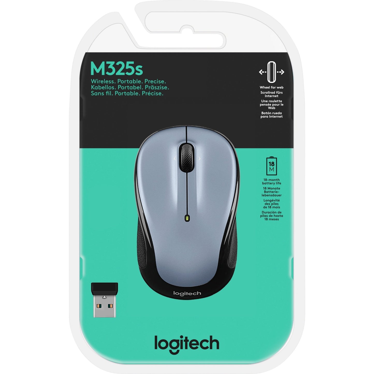 Logitech Optische PC Maus M325s Links- und Rechtshänder nicht ergonomisch USB 10m Batterie inkl. Nano-Empfänger light silver