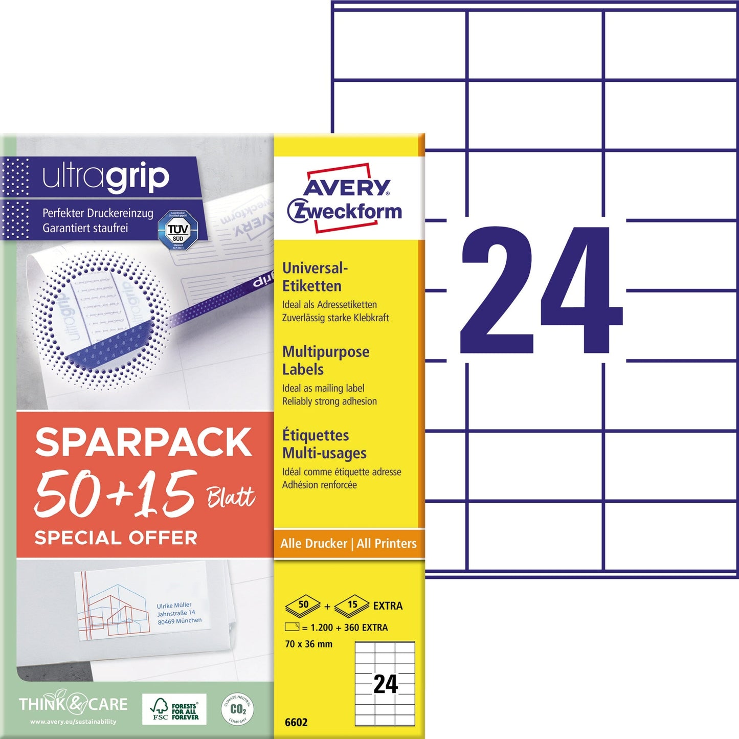 Avery Zweckform Universaletikett ultragrip SPARPACK 50 + 15 Blatt 70 x 36 mm (B x H) nicht wieder ablösbar Papier weiß 1.560 Etik./Pack.