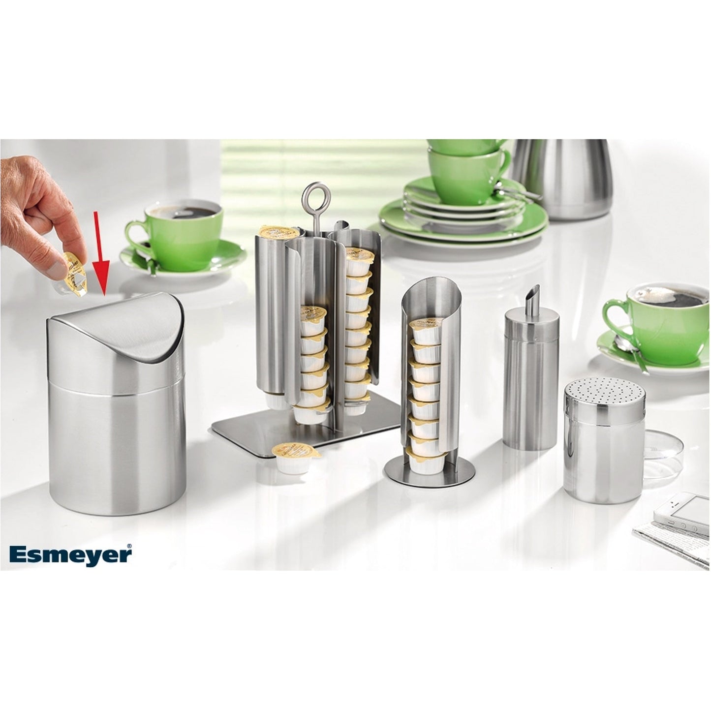 Esmeyer® Tischabfallbehälter SWING rund 12 x 16,5 cm (Ø x H) 1,2l Edelstahl 18/10 silber 1 Sortierfach