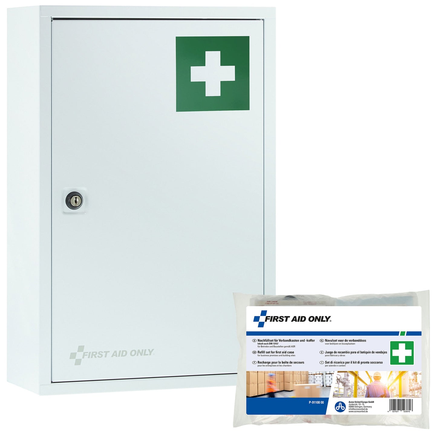 FIRST AID ONLY Verbandschrank gefüllt DIN 13157 Metall, lackiert weiß