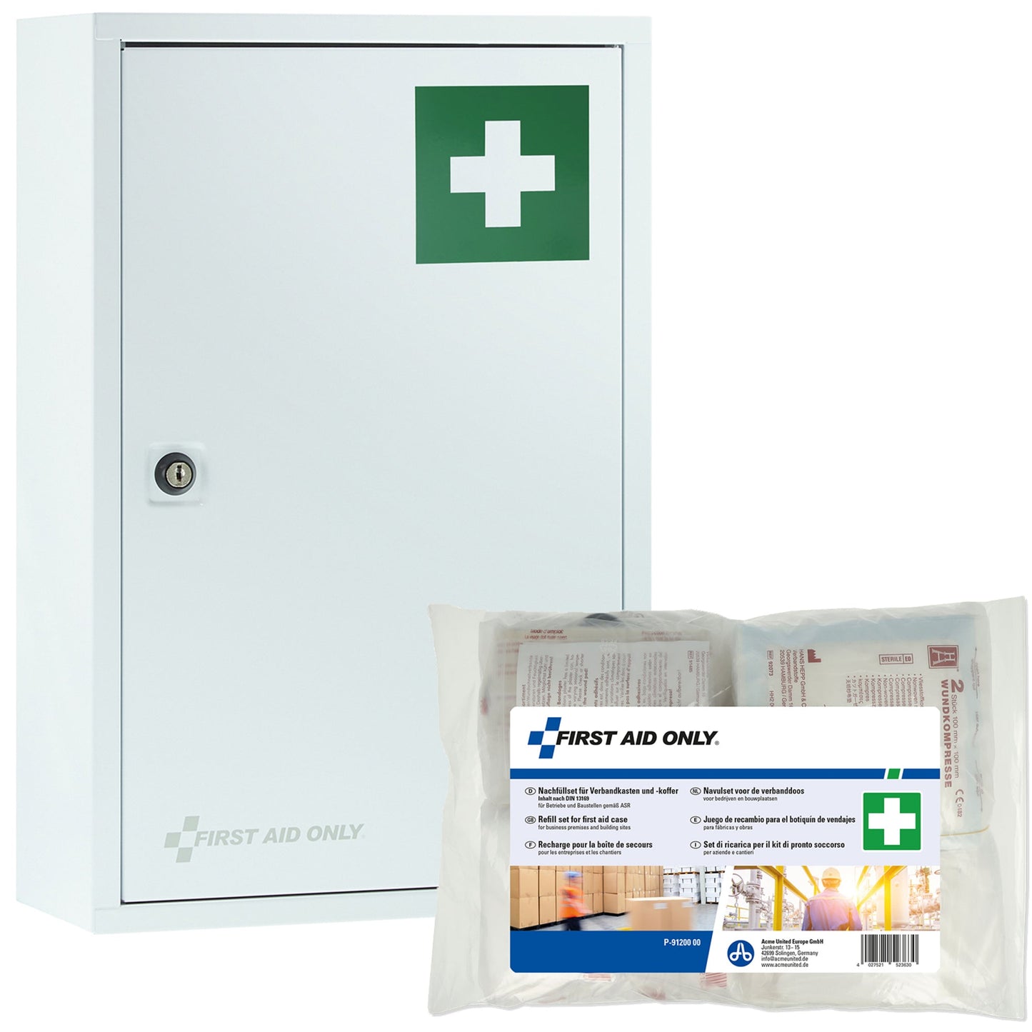 FIRST AID ONLY Verbandschrank gefüllt DIN 13169 Metall, lackiert weiß