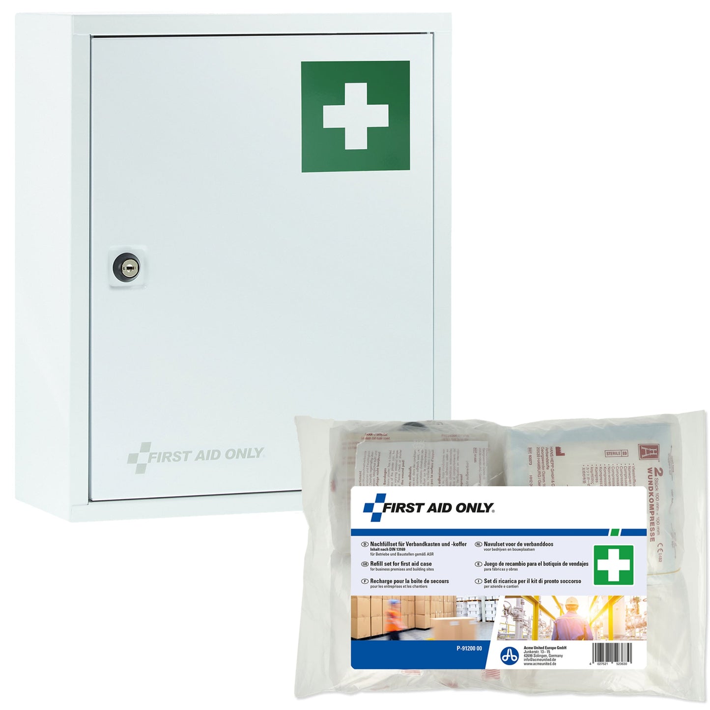 FIRST AID ONLY Verbandschrank gefüllt DIN 13169 Metall, lackiert weiß