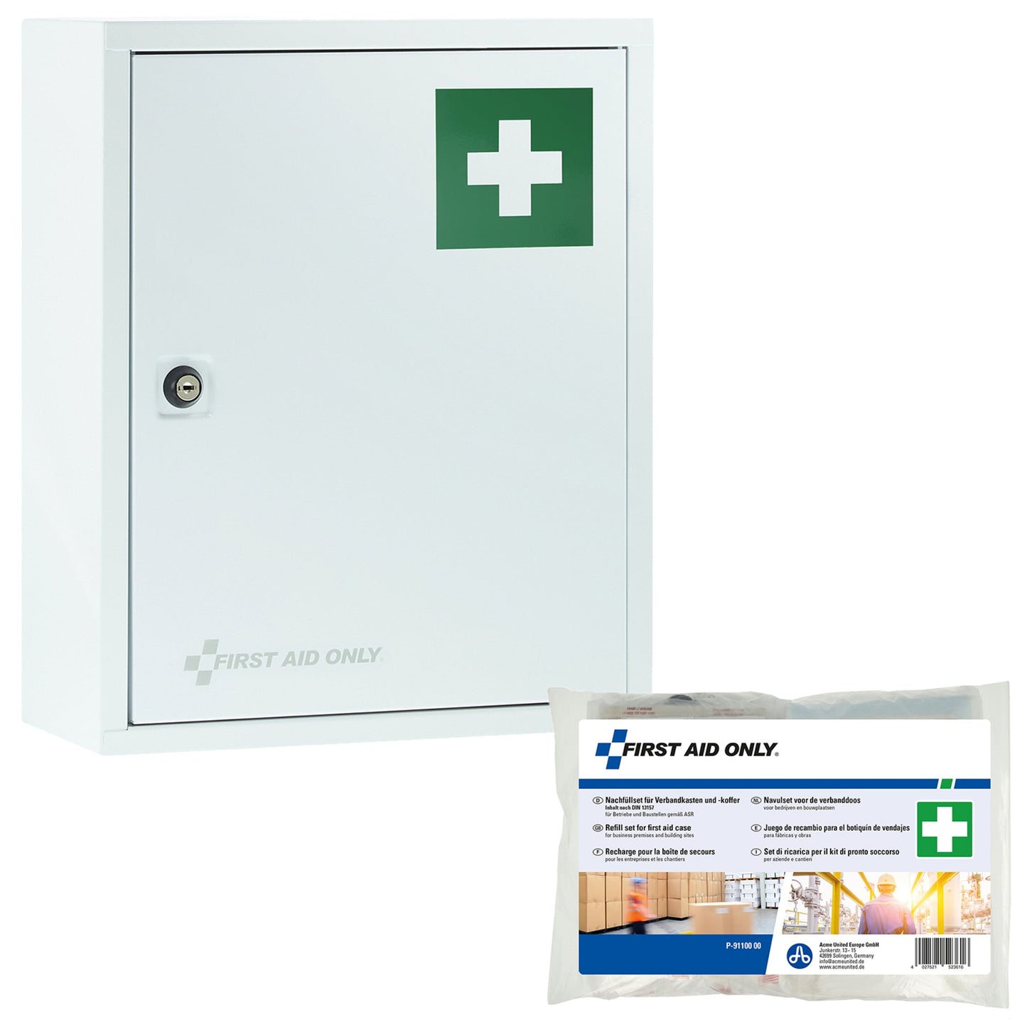 FIRST AID ONLY Verbandschrank gefüllt DIN 13157 Metall, lackiert weiß