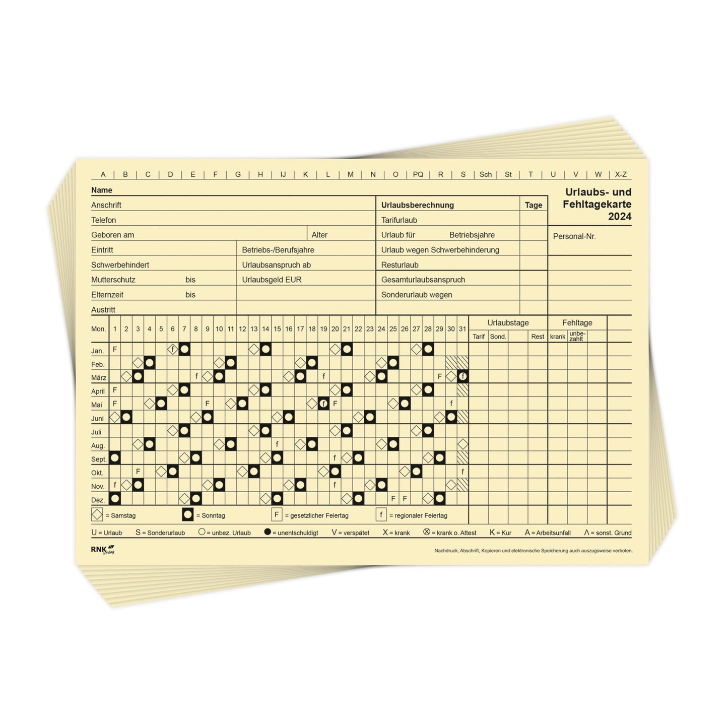 RNK Verlag Fehltagekarte 12 Monate/1 Seite Karton gelb 10 St./Pack.