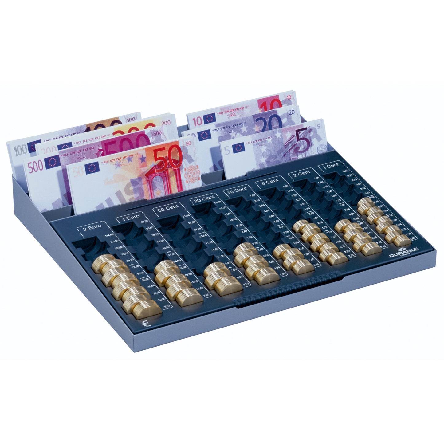 DURABLE Geldzählbrett ?UROBOARD® XL 38,2 x 5,9 x 28,6 cm (B x H x T) EUR 1 Cent, 2 Cent, 5 Cent, 10 Cent, 20 Cent, 50 Cent, 1 Euro, 2 Euro 8 Fächer für Banknoten anthrazit