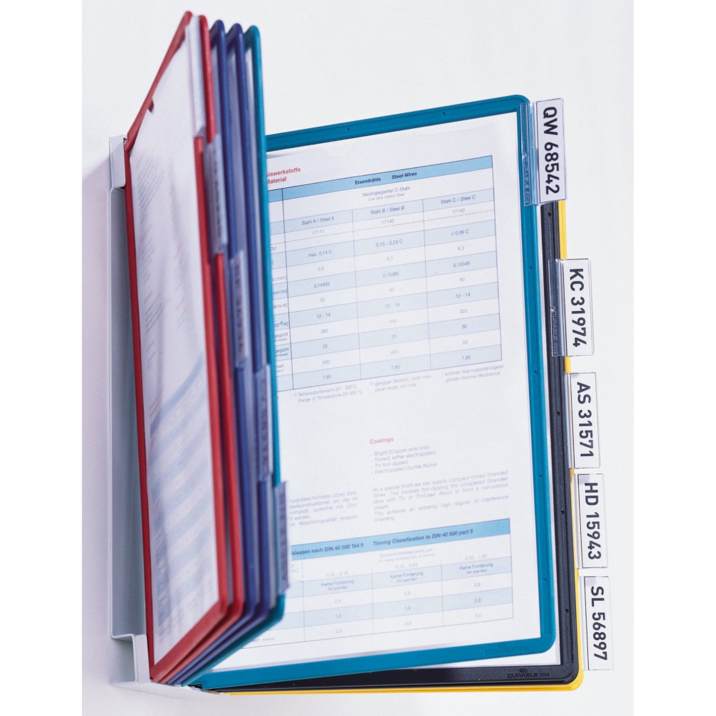 DURABLE Sichttafelwandhalter VARIO® WALL 10 DIN A4 inkl. 10 Reitern mit blanko Einsteckschildern Stahl/Polyamid/Polypropylen/PVC je 2 x dunkelblau, gelb, grün, rot, schwarz 10 Sichttafeln