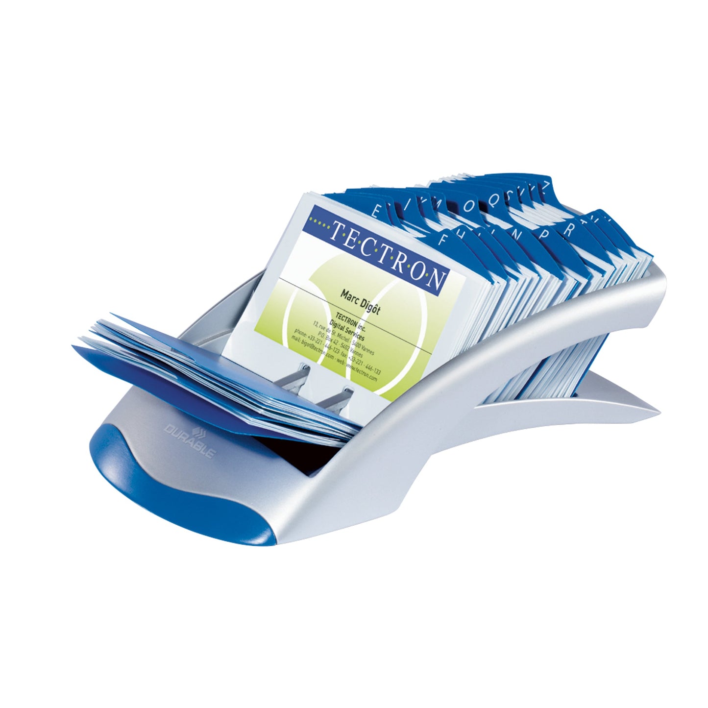 DURABLE Visitenkartenständer VISIFIX® DESK VEGAS 104 x 72 mm (B x H) gefüllt 200 Karten 100 Hüllen Kunststoff silber metallic