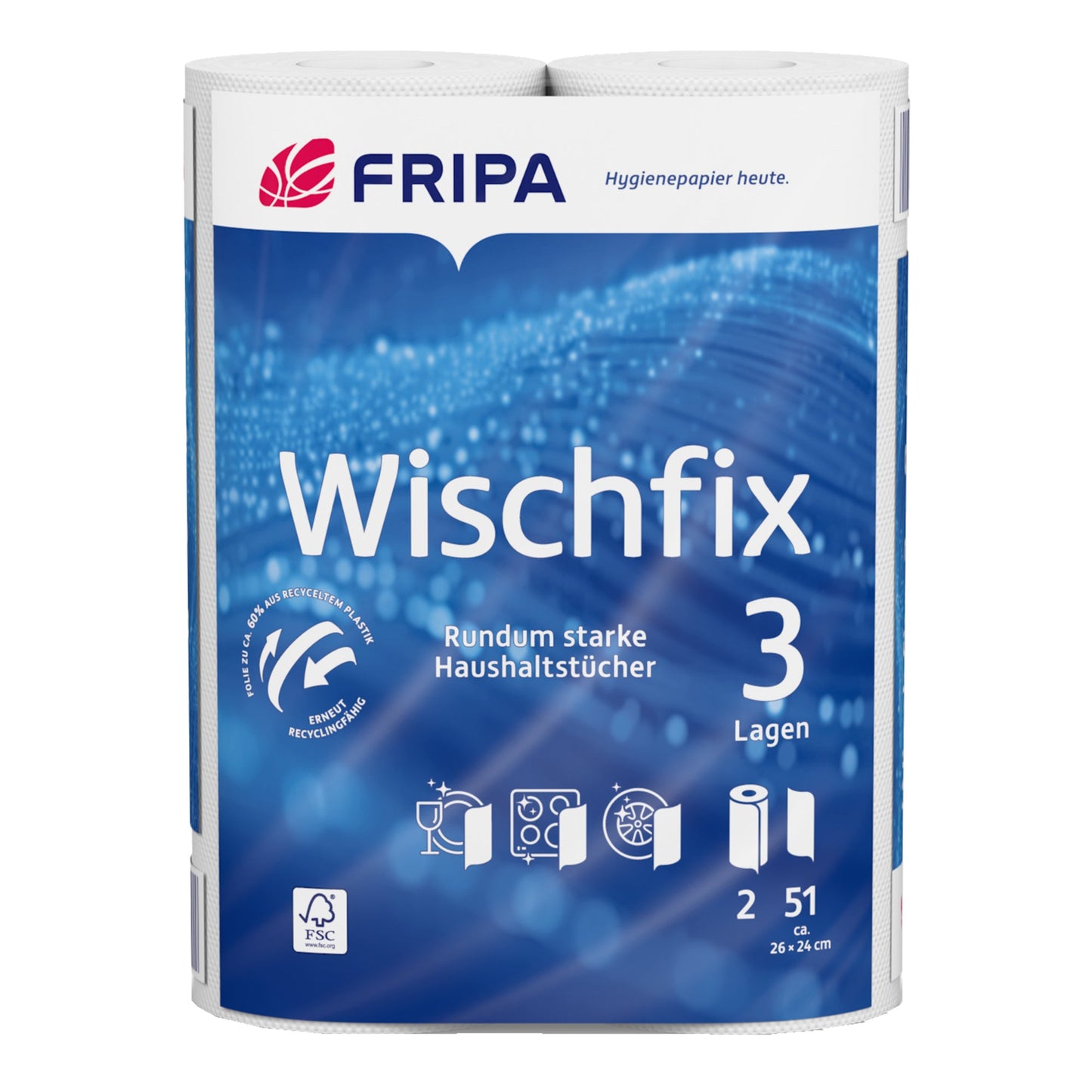 Fripa Küchenrolle Wischfix 3-lagig 100 % Frischzellstoff hochweiß 2 Rl./Pack.