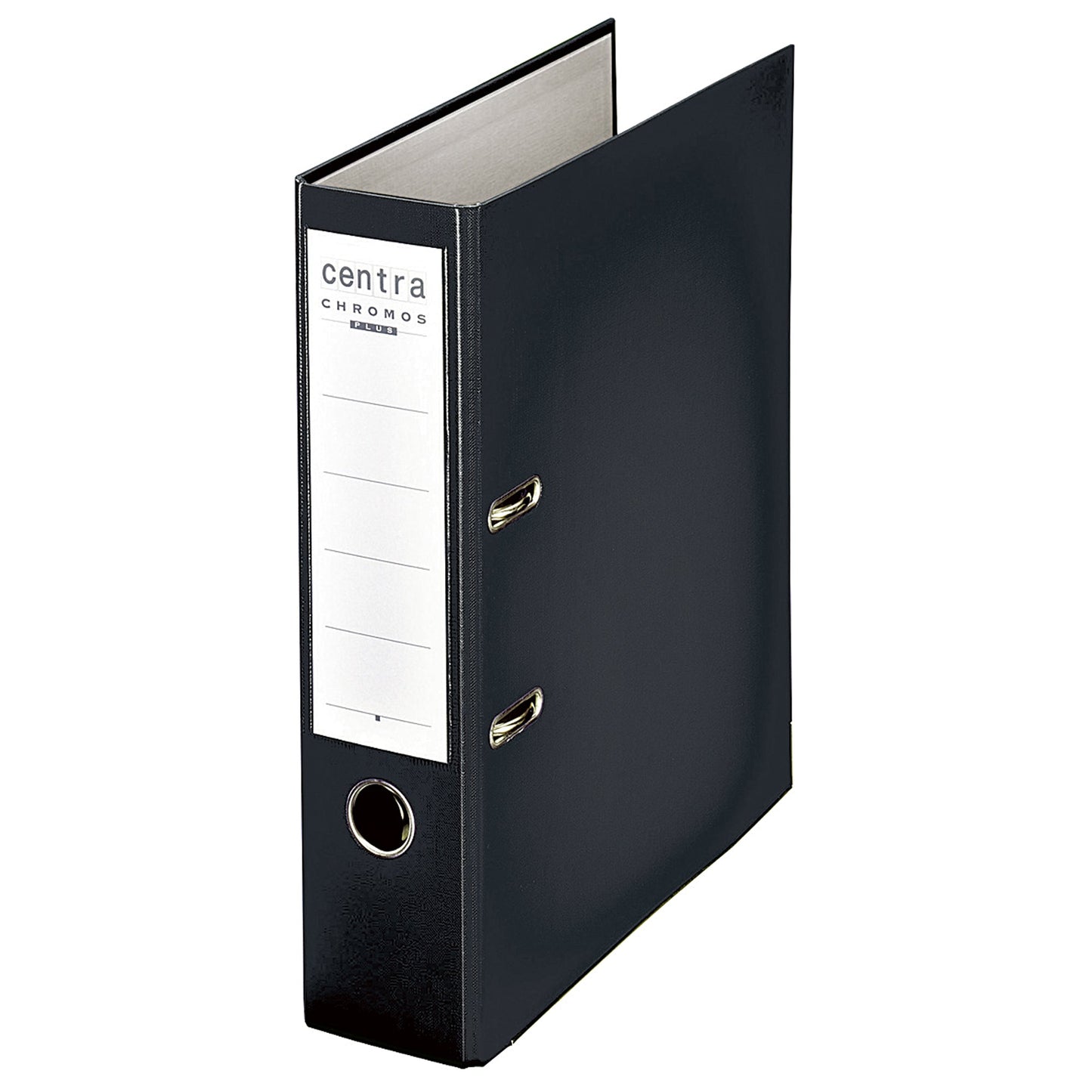 Centra Ordner Chromos 80mm DIN A4 Rückenschild: einsteckbar mit Schlitzen Werkstoff: Kunststoff Material außen: Plastik Material innen: Papier schwarz