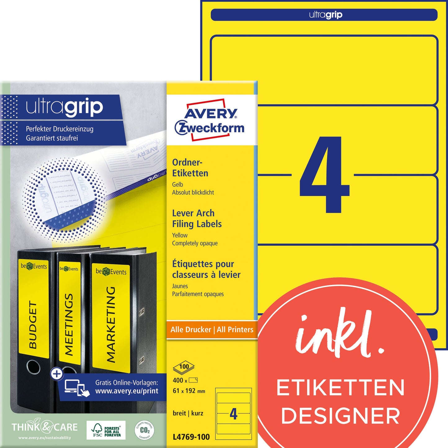 Avery Zweckform Ordnerrückenetikett ultragrip breit/kurz 61 x 192 mm (B x H) selbstklebend ohne Griffloch gelb 400 Etik./Pack.