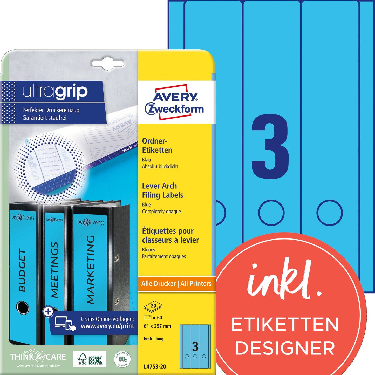 Avery Zweckform Ordnerrückenetikett ultragrip breit/lang 61 x 297 mm (B x H) selbstklebend mit Griffloch blau 60 Etik./Pack.