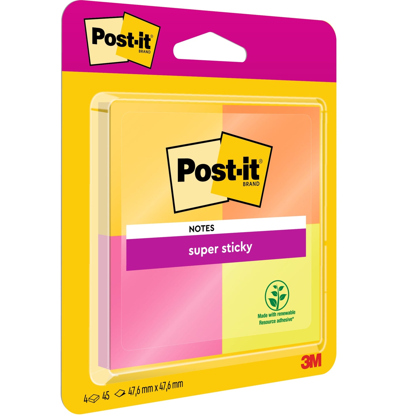 Post-it® Haftnotiz Super Sticky Notes 47,6 x 47,6 mm (B x H) ultragelb, vitalorange, powerpink, neongrün 45 Bl./Block 4 Block/Pack.