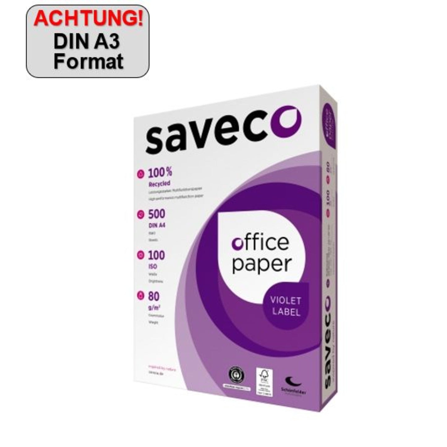 Saveco Kopierpapier Violet Label DIN A3 80g/m² 100 % recycelt, chlorfrei gebleicht weiß 500 Bl./Pack.
