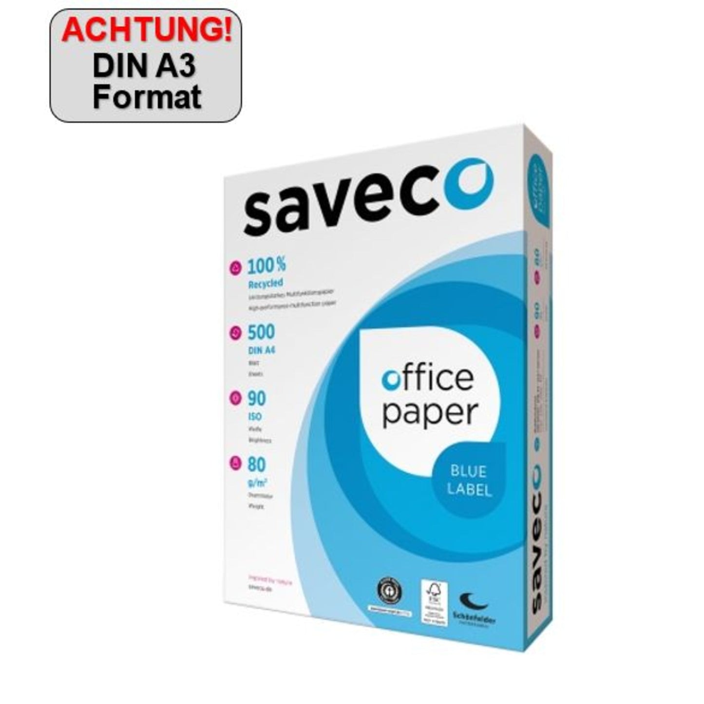 Saveco Kopierpapier Blue Label DIN A3 80g/m² 100 % Altpapier, chlorfrei gebleicht weiß 500 Bl./Pack.
