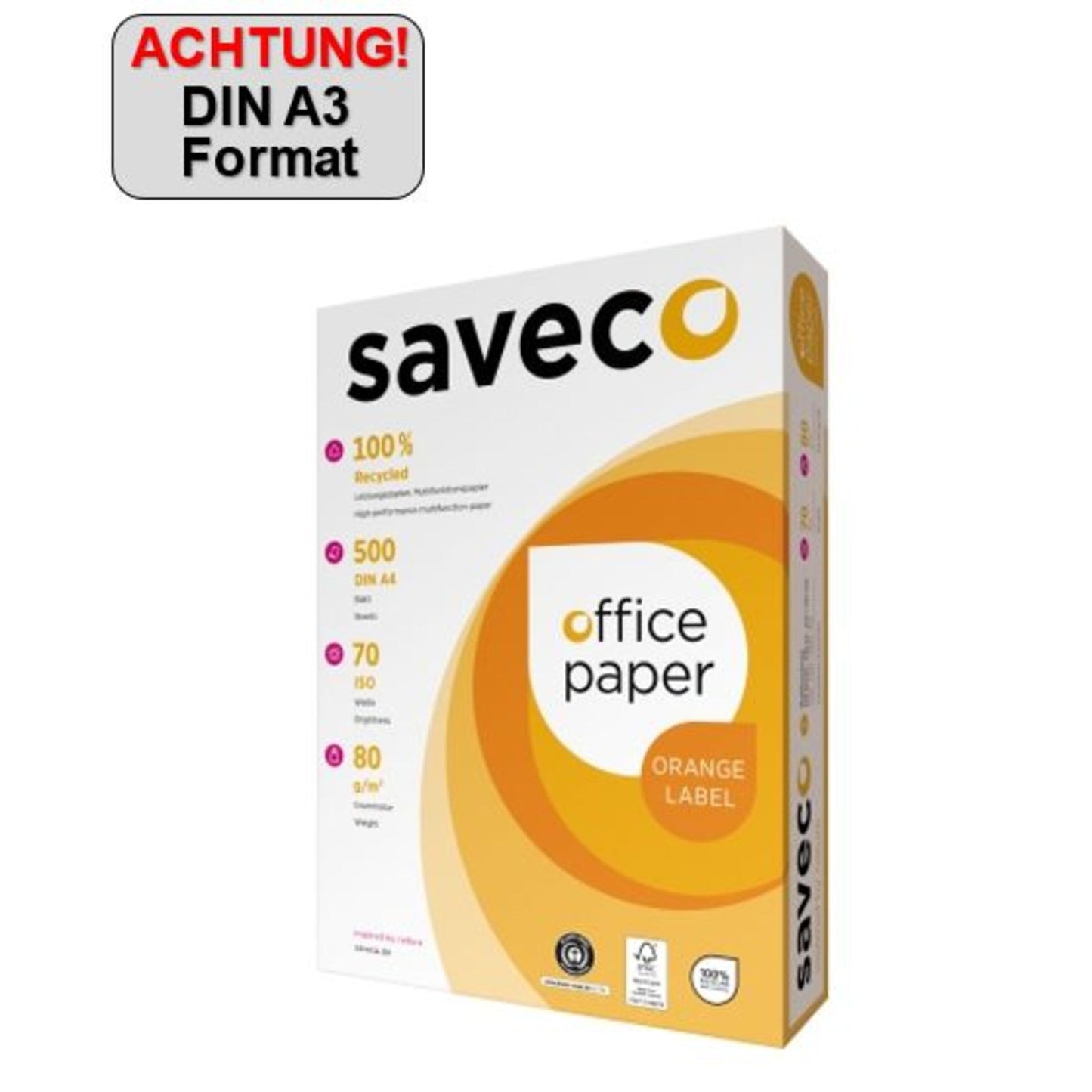 Saveco Kopierpapier Orange Label DIN A3 80g/m² 100 % recycelt, chlorfrei gebleicht weiß 500 Bl./Pack.